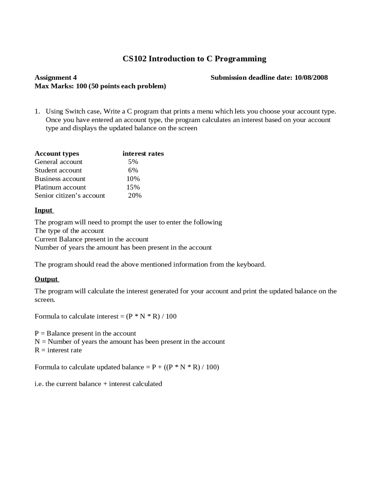 Introduction to C Programming Assignment 4 | CS 102 - Docsity
