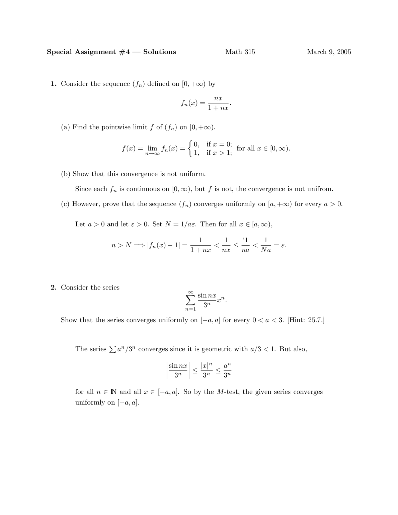 Elementary Analysis - Assignment 4 Solutions | MATH 315 - Docsity