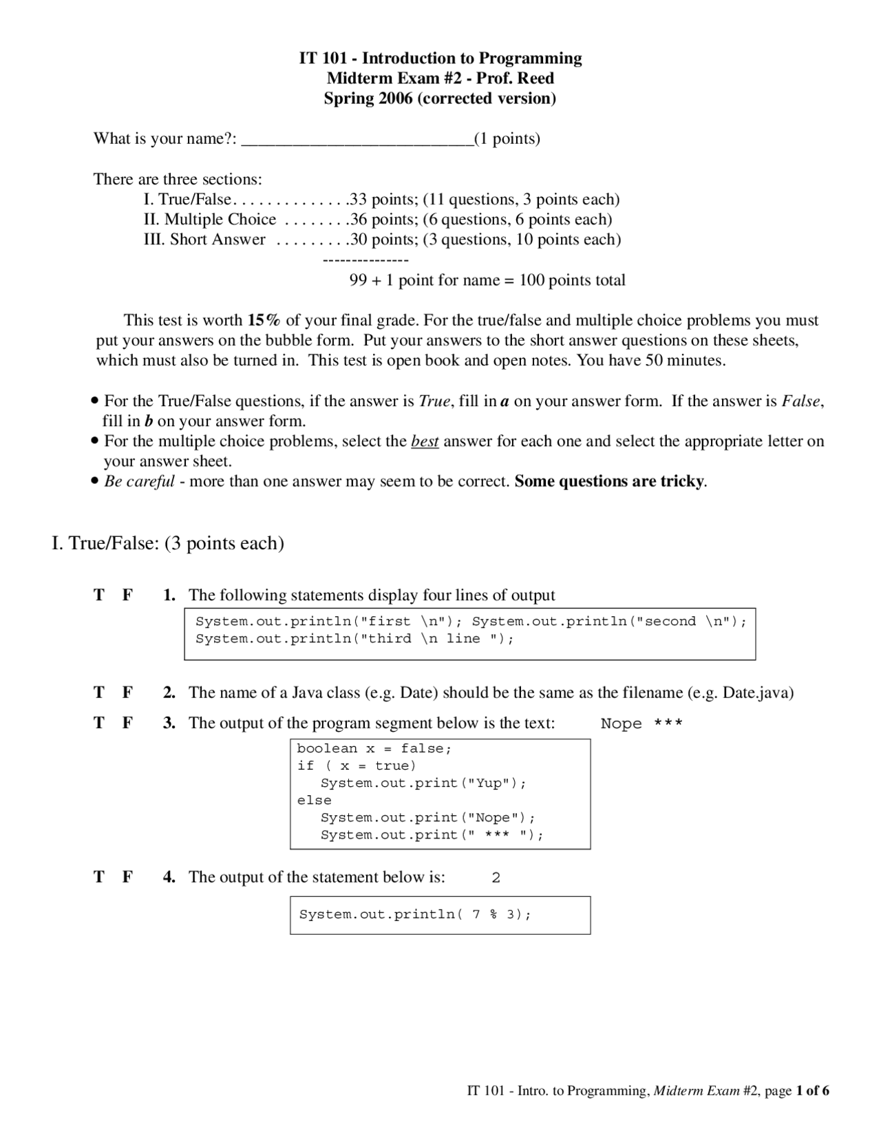 Midterm Exam 2 - Java Programming for Information Technology | IT 101 ...