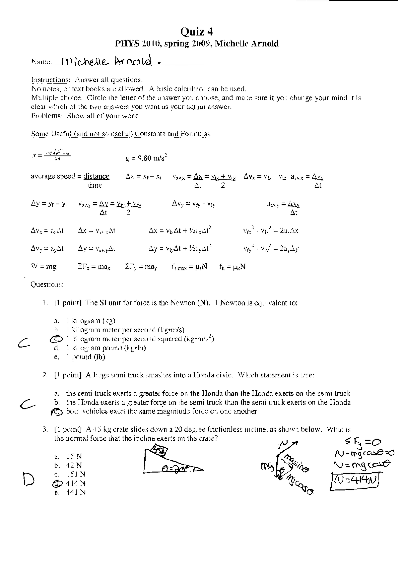 Quiz 4 with Solution - PS/SI College Physics I | PHYS 2010 - Docsity
