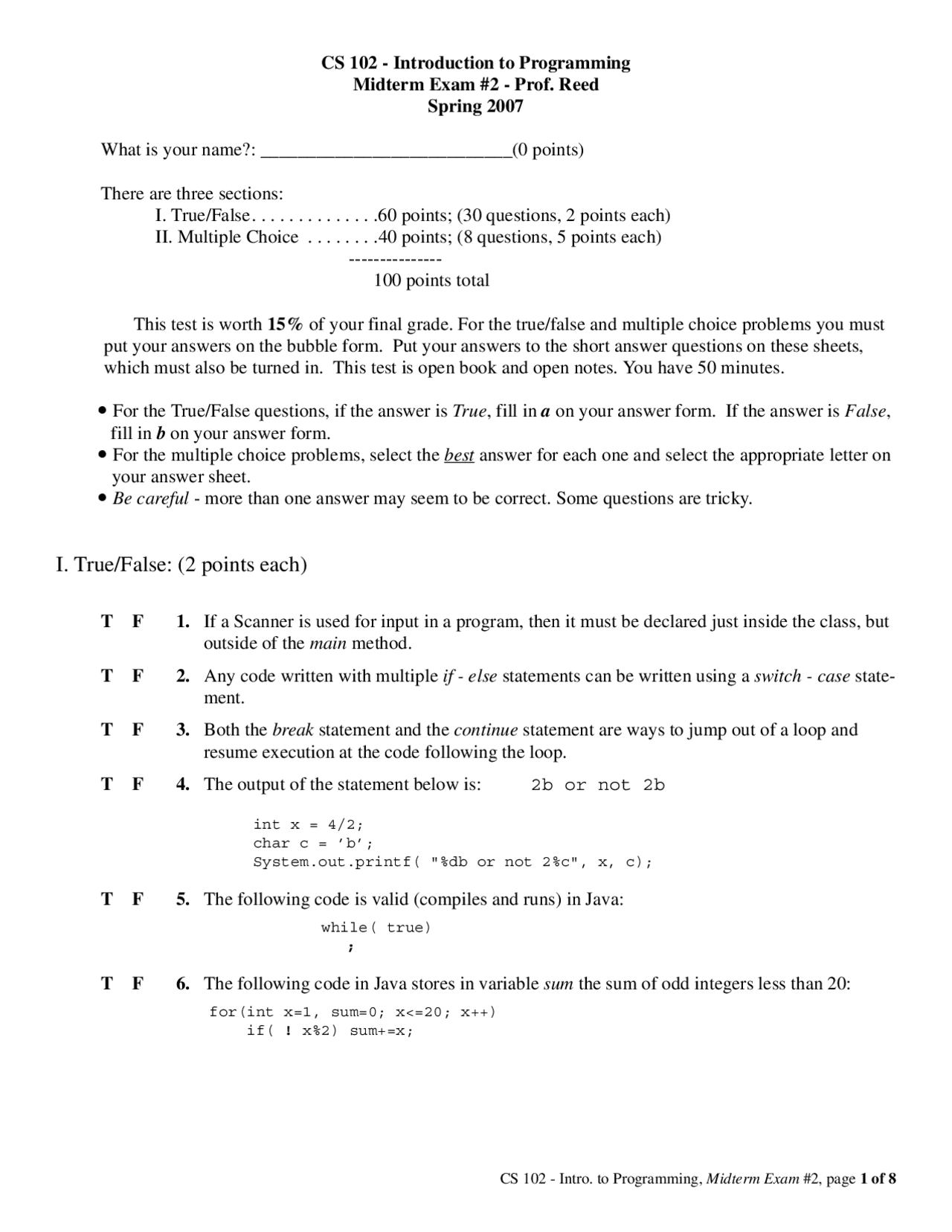 Solutions for Midterm Exam 2 - Introduction to Programming | CS 102 ...