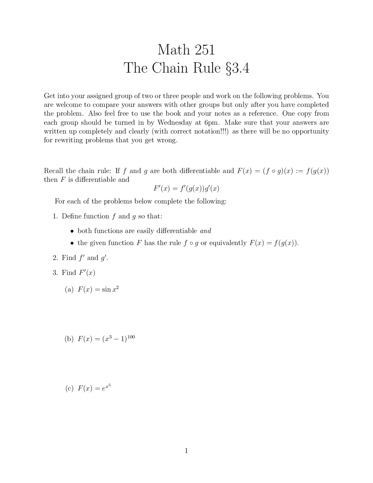The Chain Rule - Calculus I - Questions | MATH 251 - Docsity