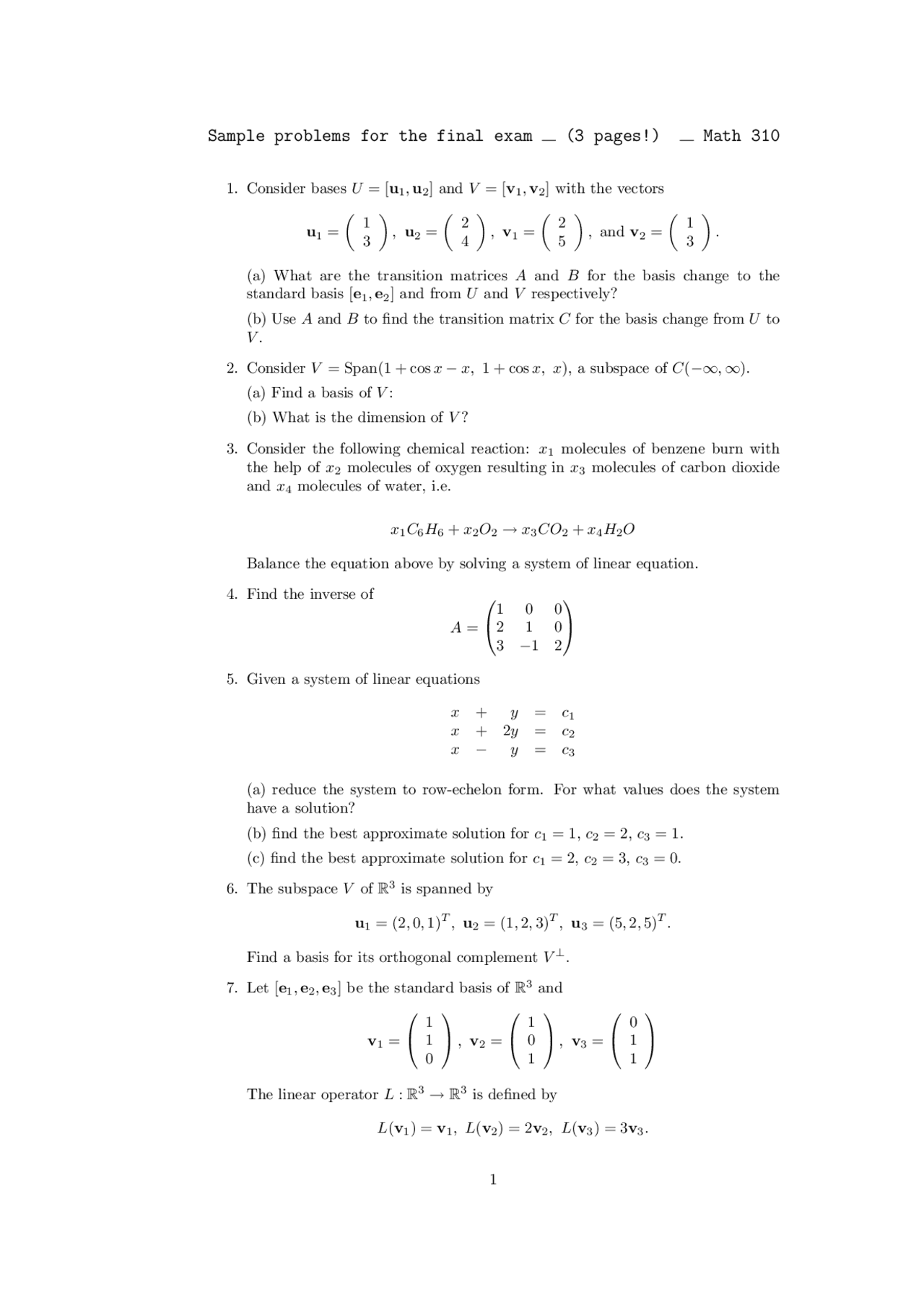 Sample Problems for the Final Exam - Applied Linear Algebra | MATH 310 ...