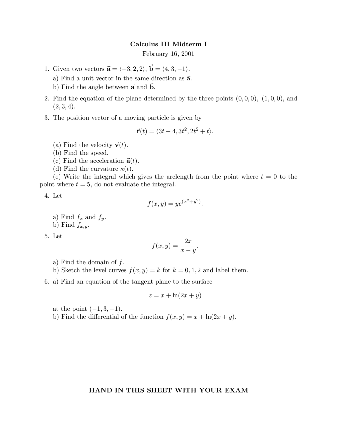 Midterm Exam 1 Review Calculus Iii Math 210 Docsity