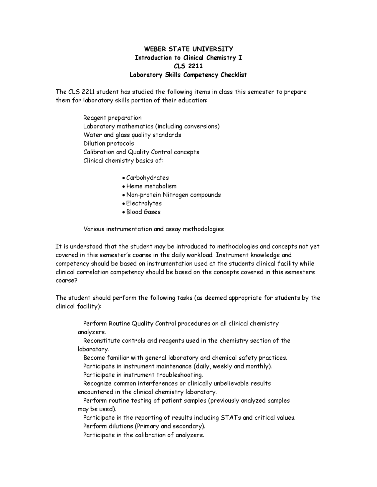 Laboratory Skills Competency Checklist - Clinical Chemistry I | CLS ...