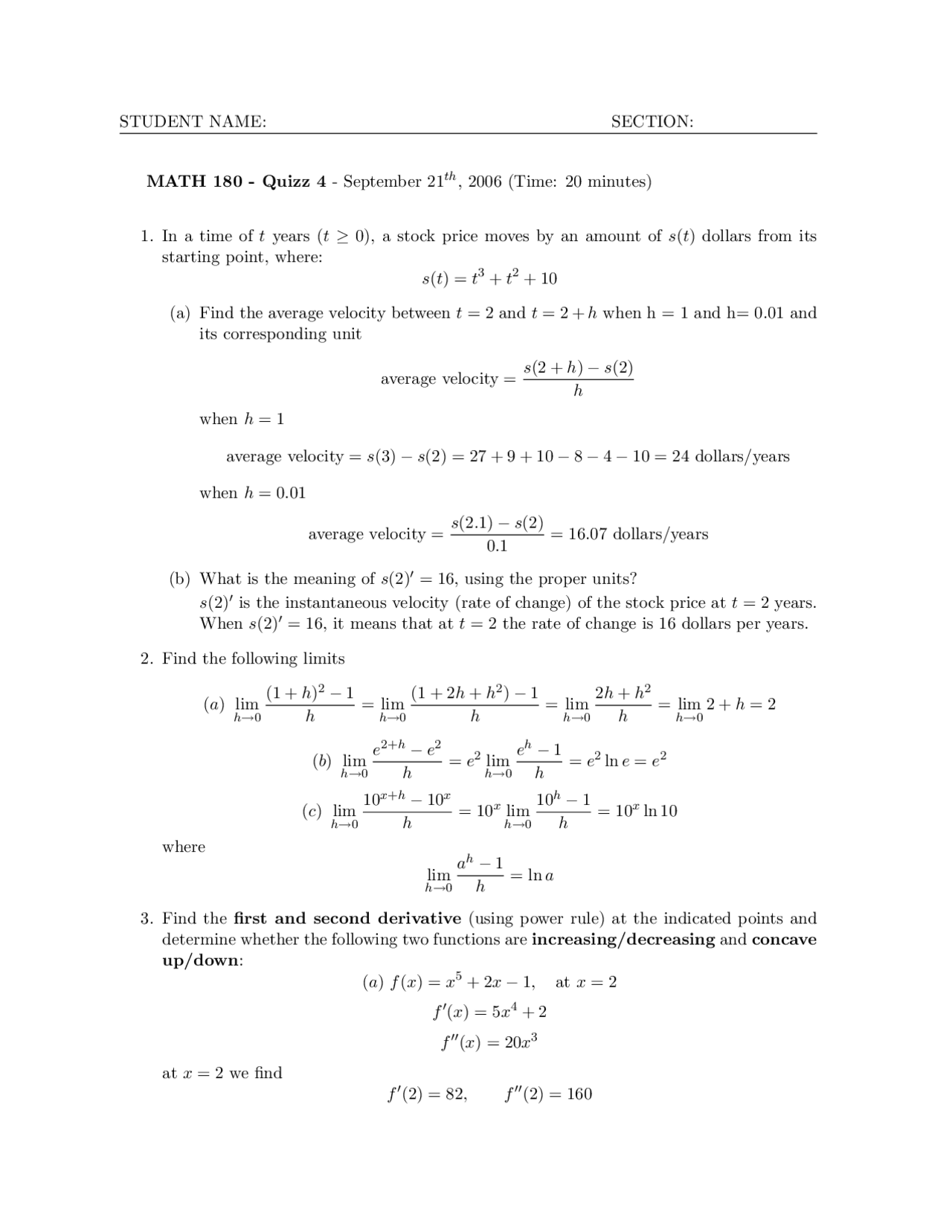 Calculus I Math Questions Quiz with Solutions - Calculus I | MATH 180 - Docsity