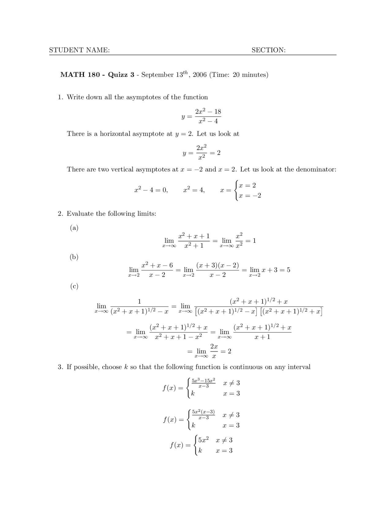 Calculus I - Quiz 3 Solutions - Fall 2006 | MATH 180 | Quizzes Calculus ...