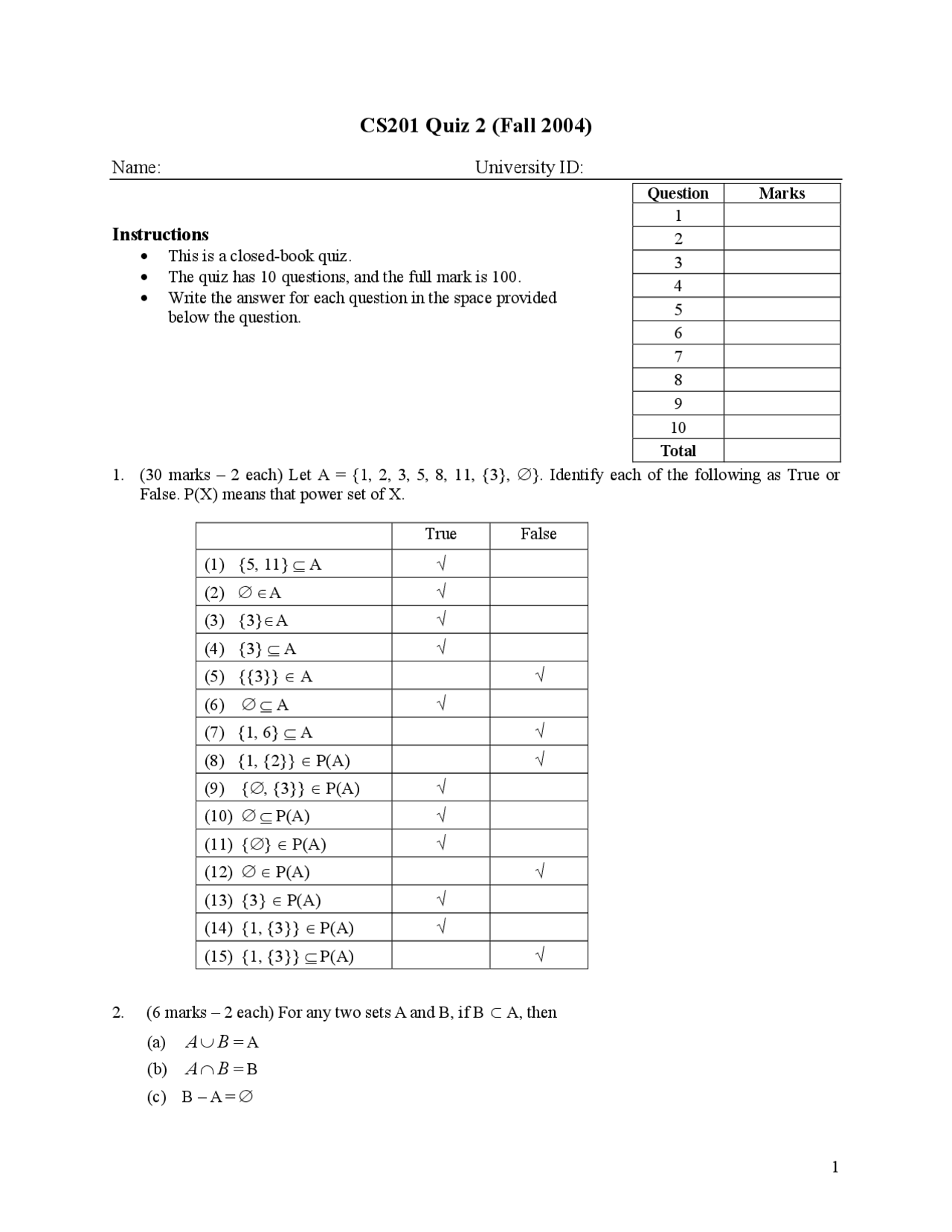 10 Questions on Data Structures and Discrete Mathematics I - Quiz 2 ...