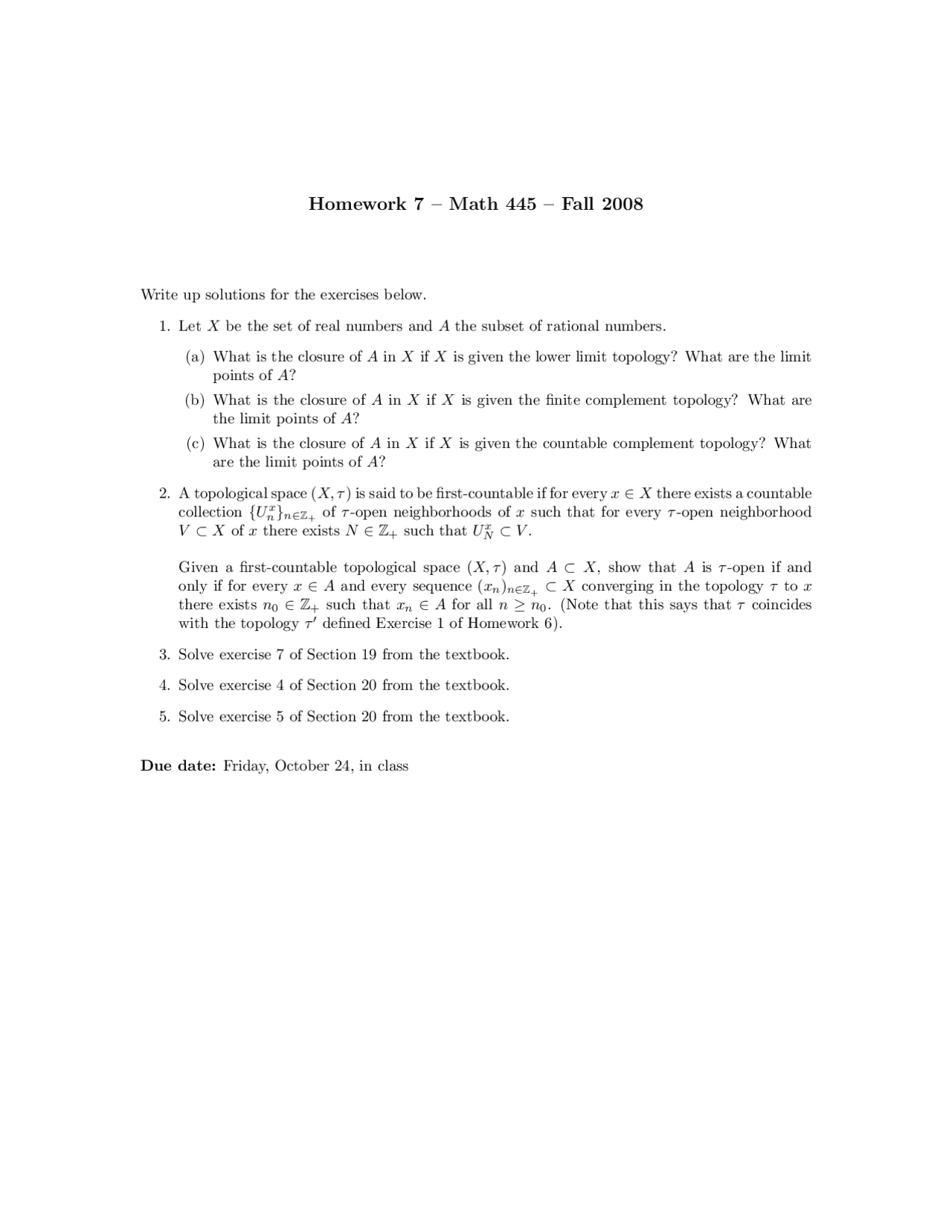 Topology Math Homework Homework 7 Questions - Introduction to Topology I | MATH 445 - Docsity