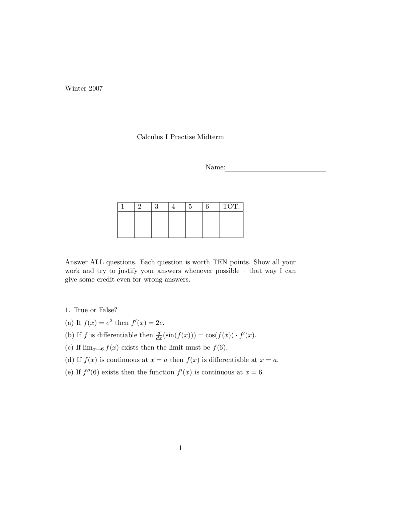 Practice Questions for Midterm Examination - Calculus I | MATH 251 ...