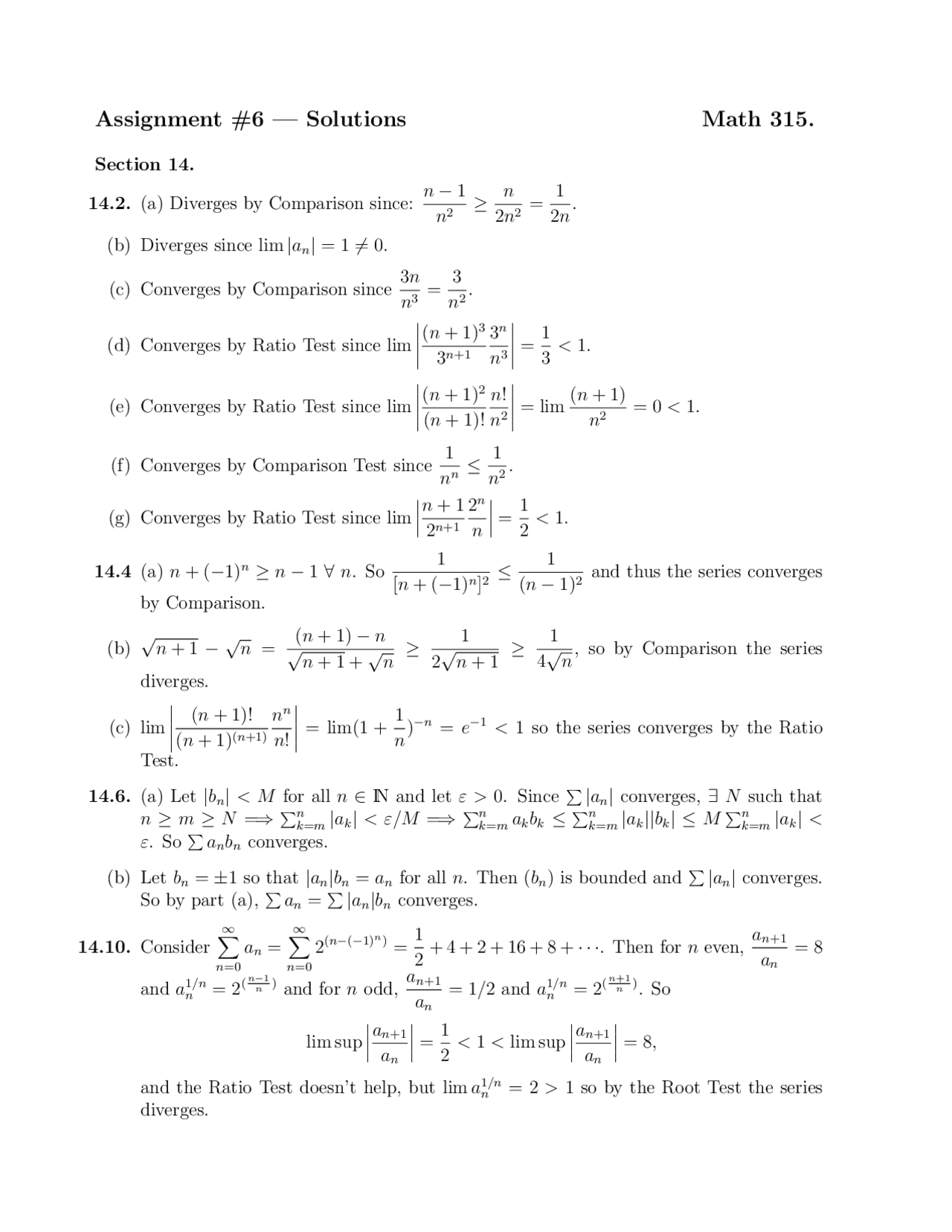 Assignment 6 with Solution for Elementary Analysis | MATH 315 - Docsity