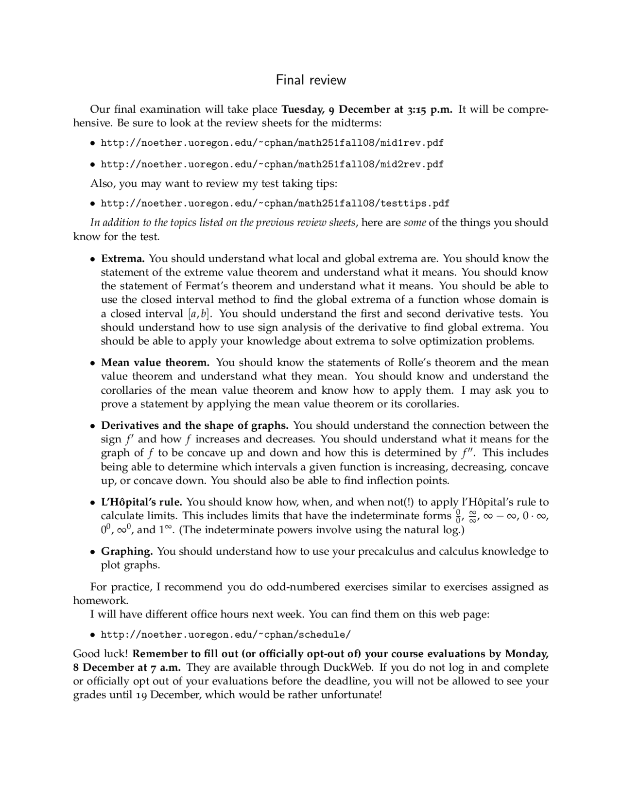 Calculus I - Final Review for Exam | MATH 251 - Docsity