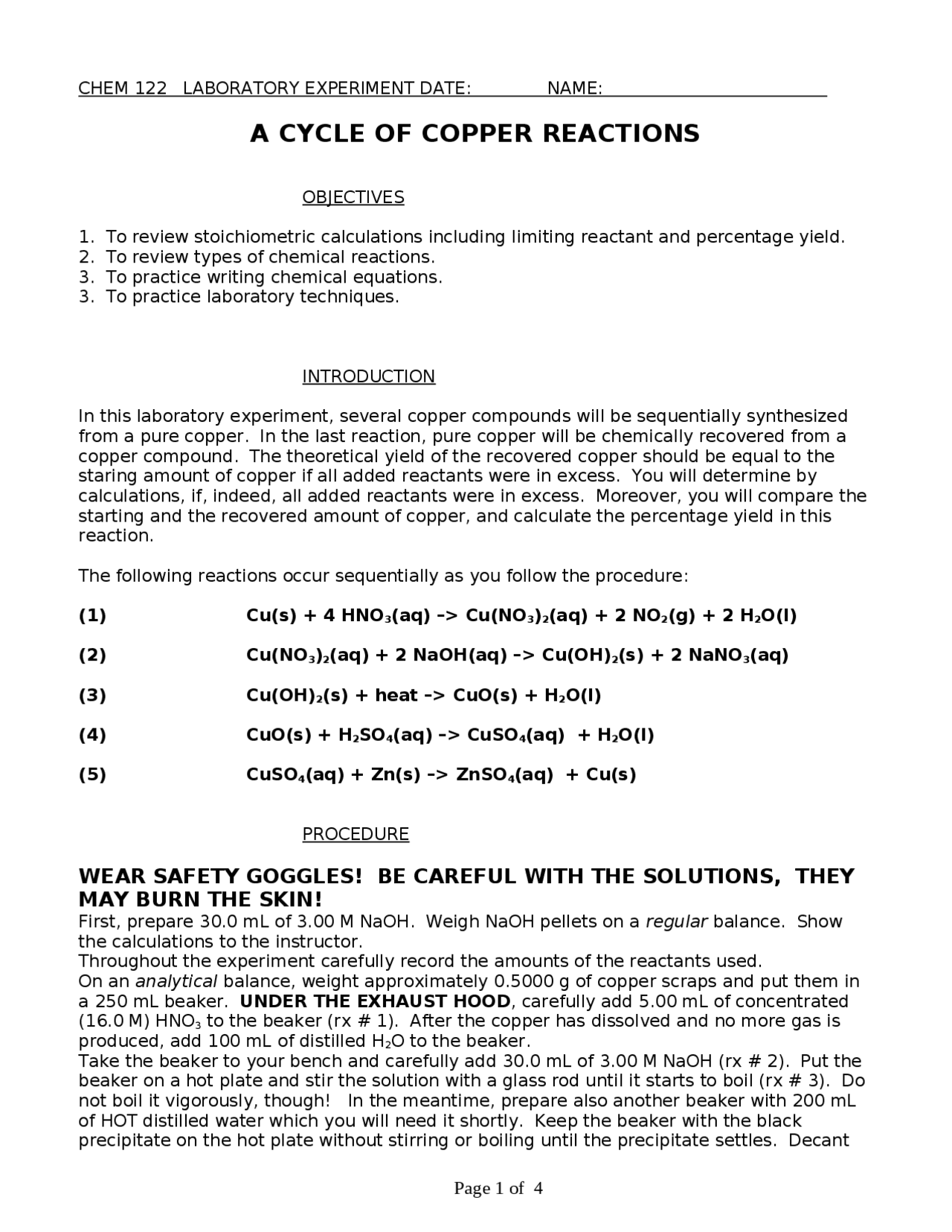 General Chemistry - A Cycle of Copper Reactions | CHEM 122 - Docsity
