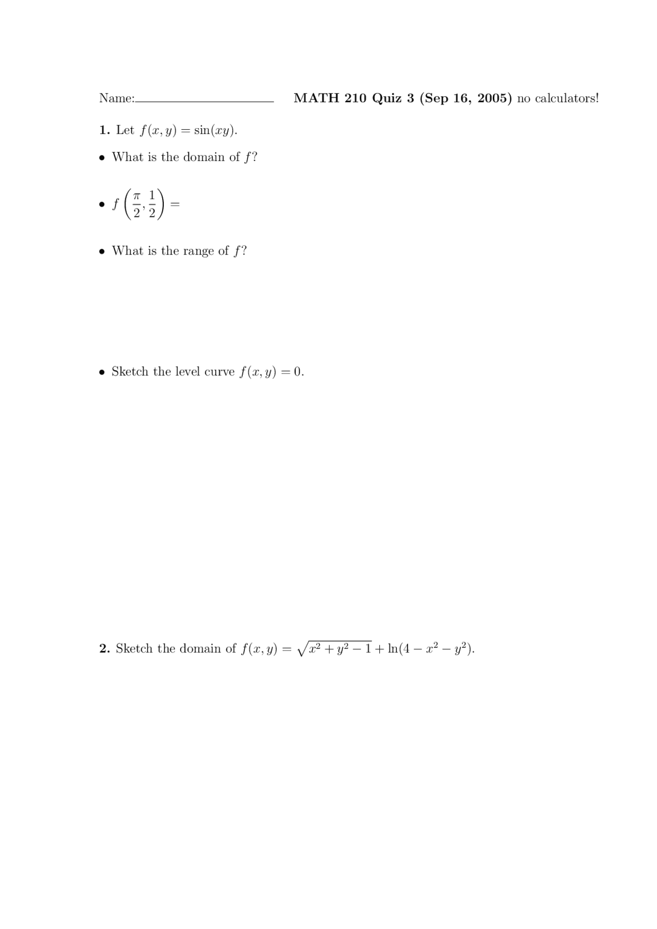 Quiz 3 Questions For Calculus Iii Fall 05 Math 210 Docsity Quiz 3 Questions For Calculus Iii Fall 05 Math 210 Docsity