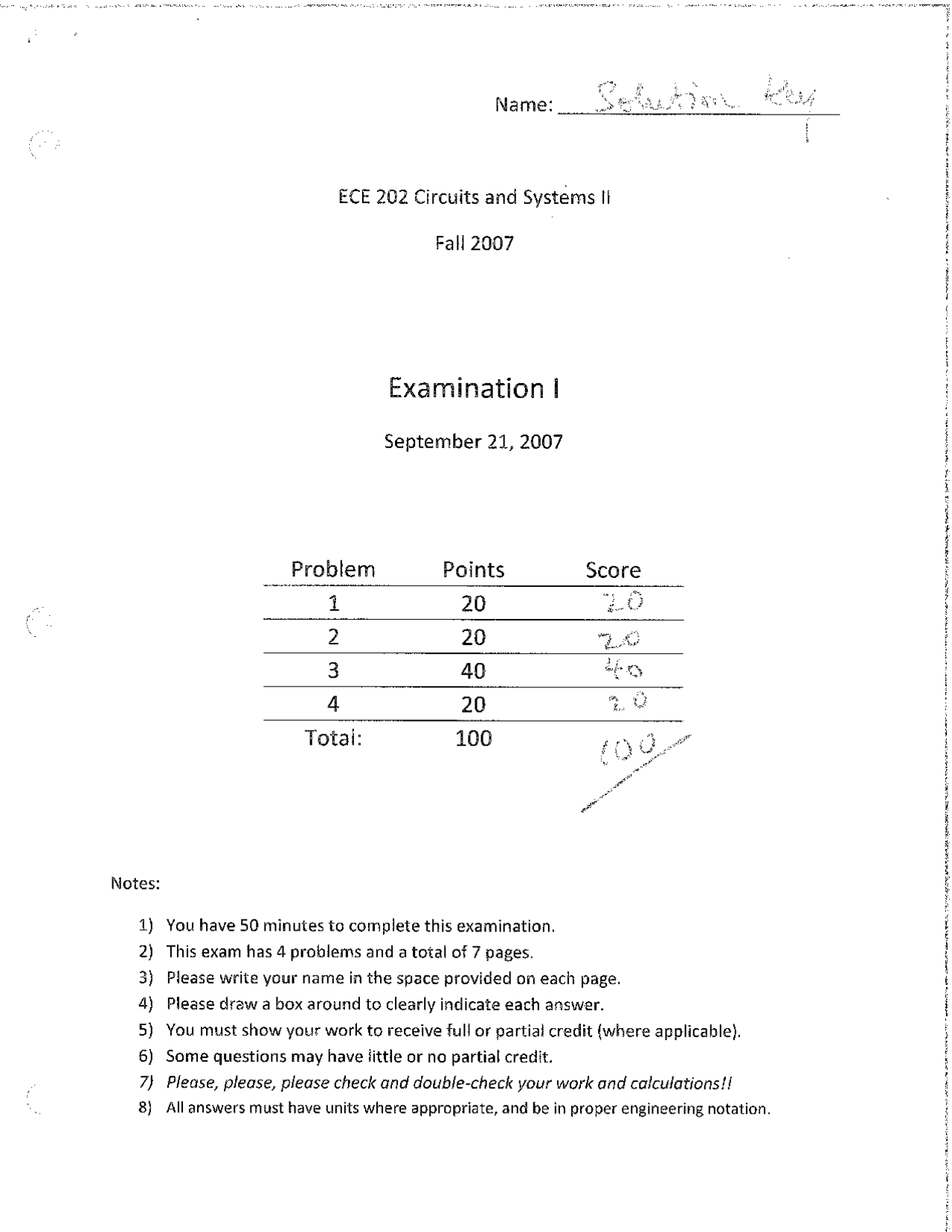 Exam 1 Solution Key - Circuits and Systems II | ECE 202 - Docsity