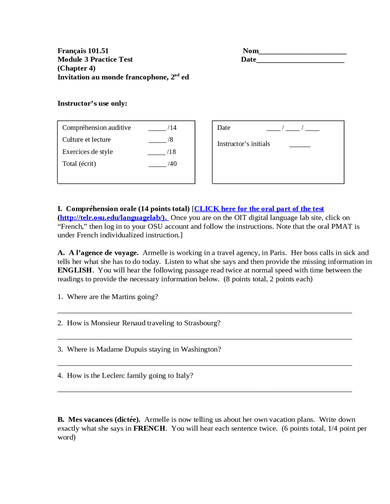Module 3 Practice Test for Classroom Track | FRENCH 101 - Docsity