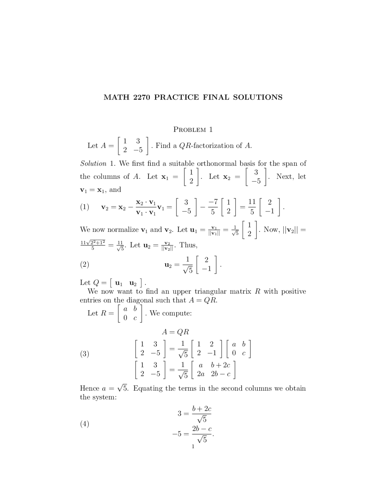 Final Exam with Solutions Elementary Linear Algebra MATH 2270 Docsity