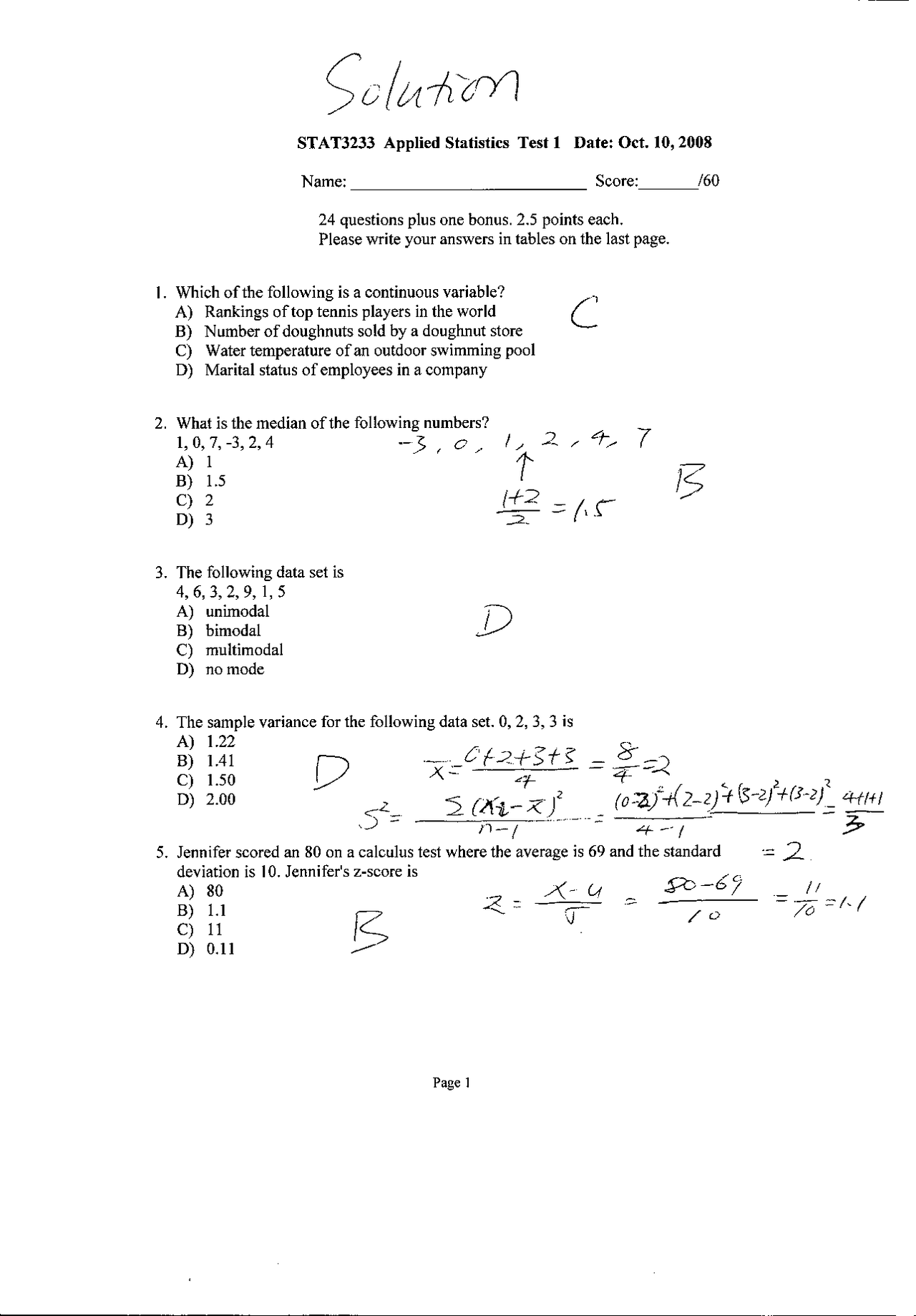 Solutions for Examination 1 - Applied Statistics I - Fall 2008 | STAT ...