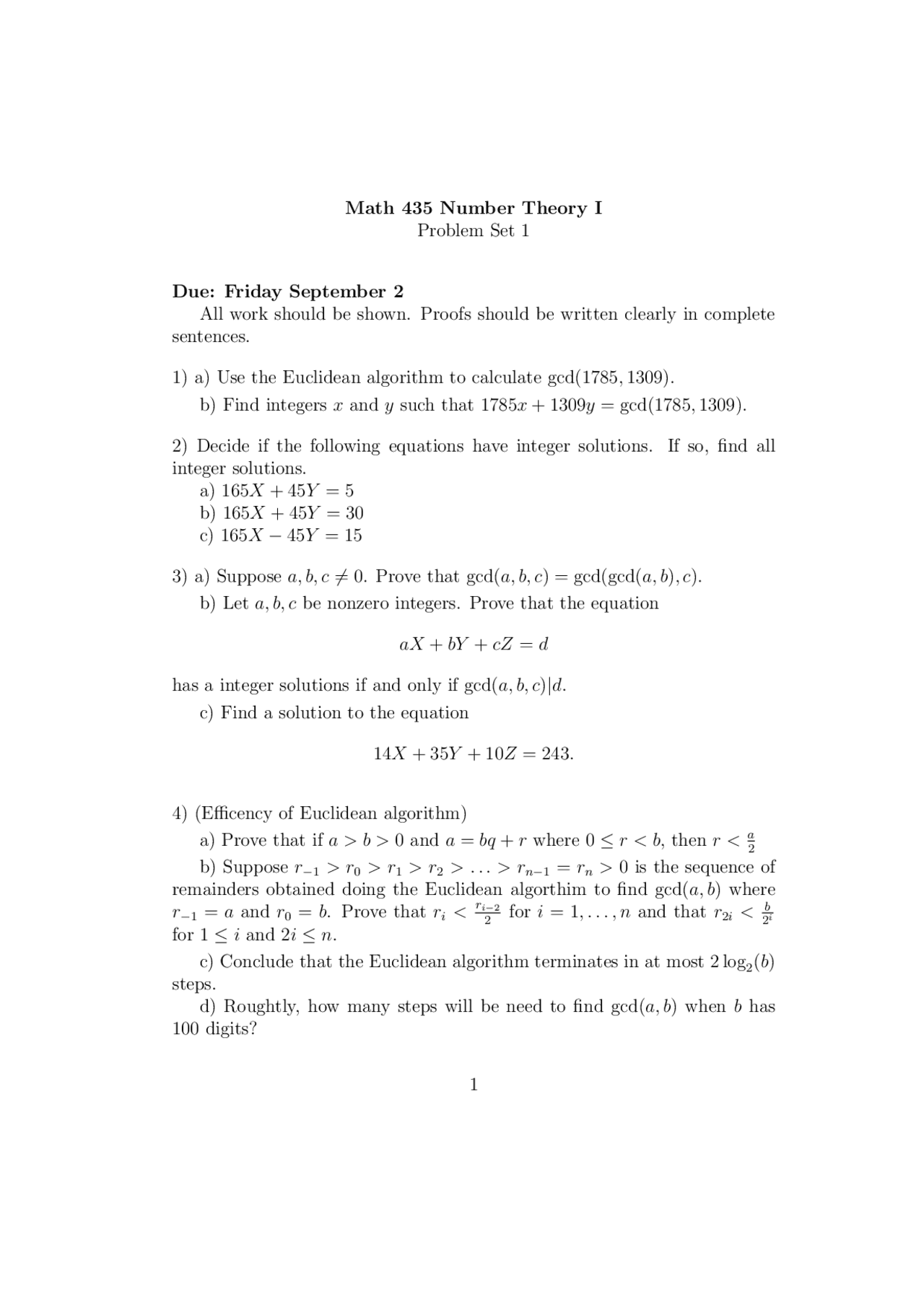 Math Theory Problem Foundations of Number Theory - Problem Set I | MATH 435 - Docsity