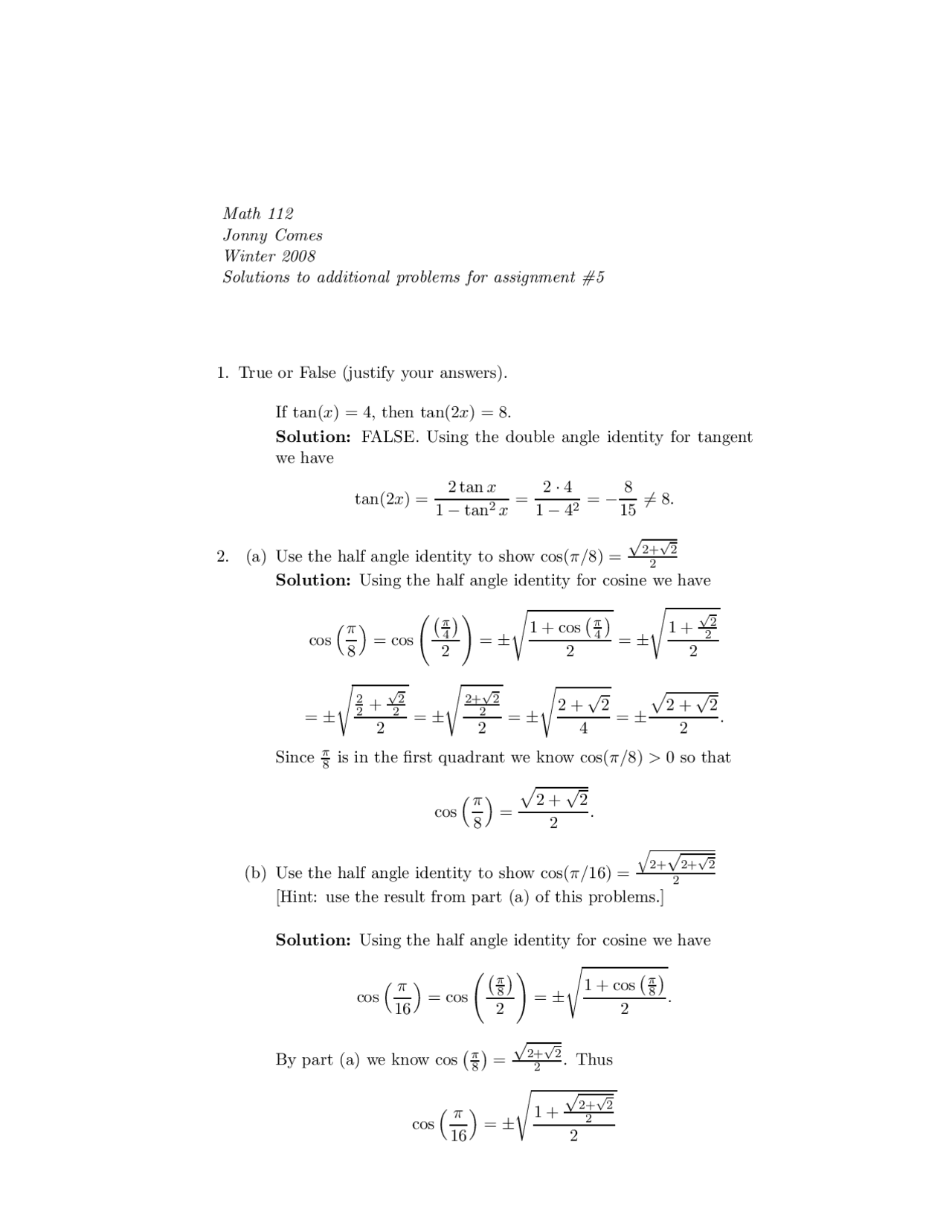 3 Solved Questions On Elementary Functions Assignment 5 Math 112 Docsity