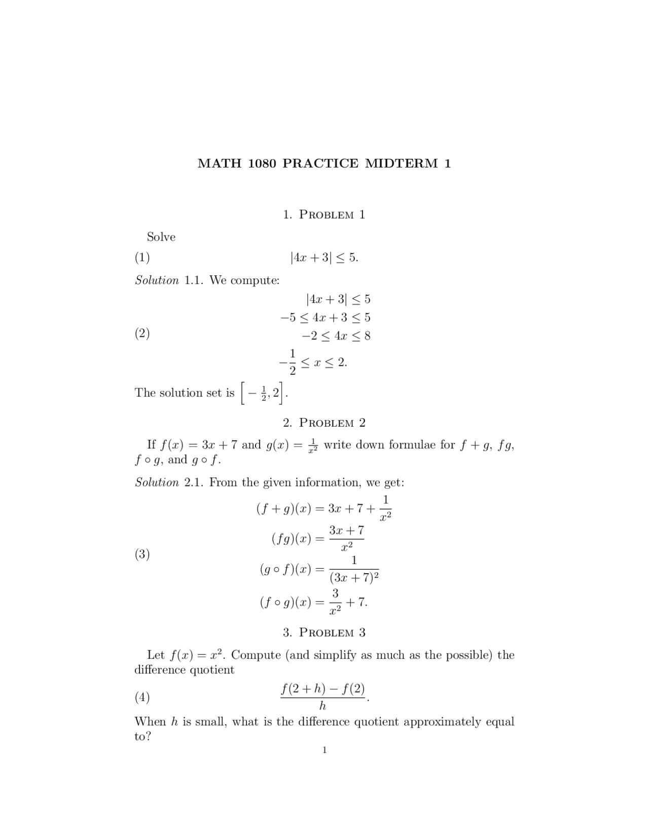 Solutions for Practice Midterm 1 - QL Pre-calculus | MATH 1080 - Docsity