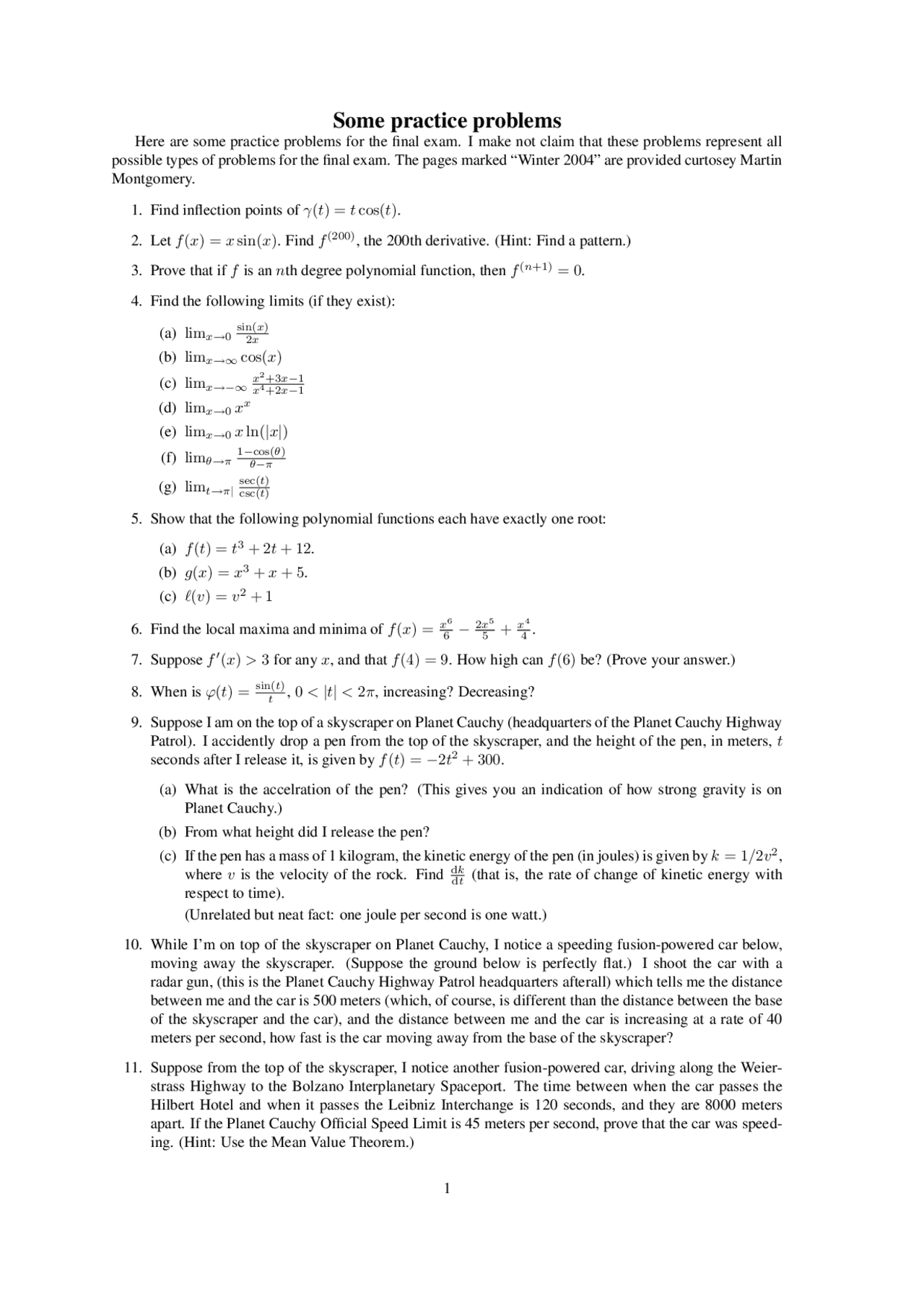 Practice Problems in Exam - Calculus | MATH 251 - Docsity