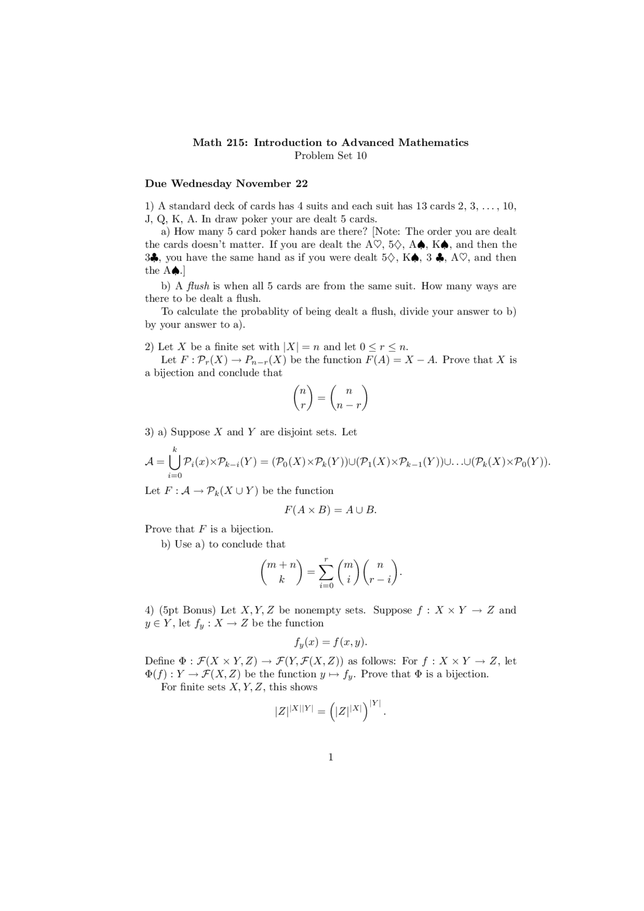 Introduction to Advanced Mathematics - Problem Set 10 | MATH 215 - Docsity