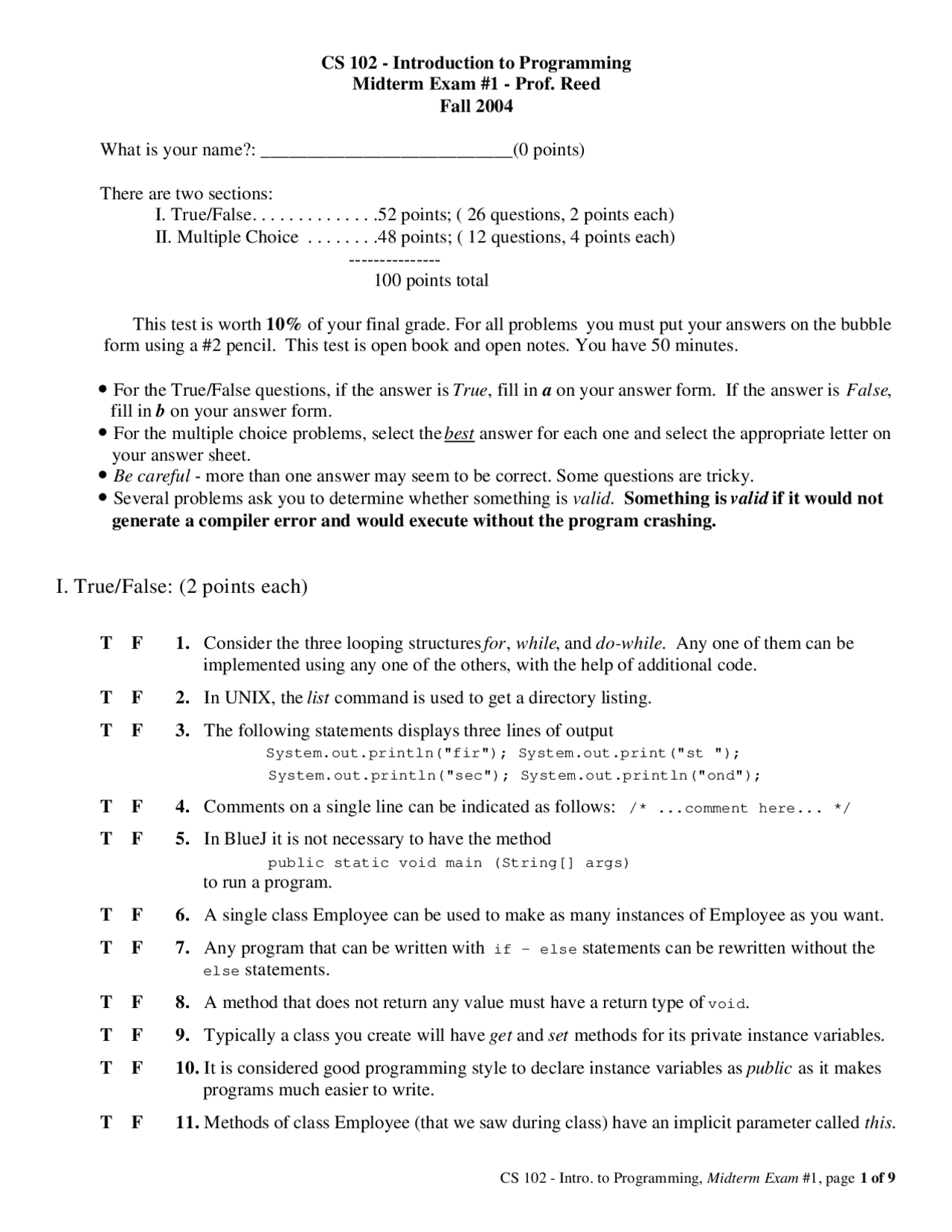 Midterm Exam 1 - Introduction to Programming | CS 102 | Exams Computer ...