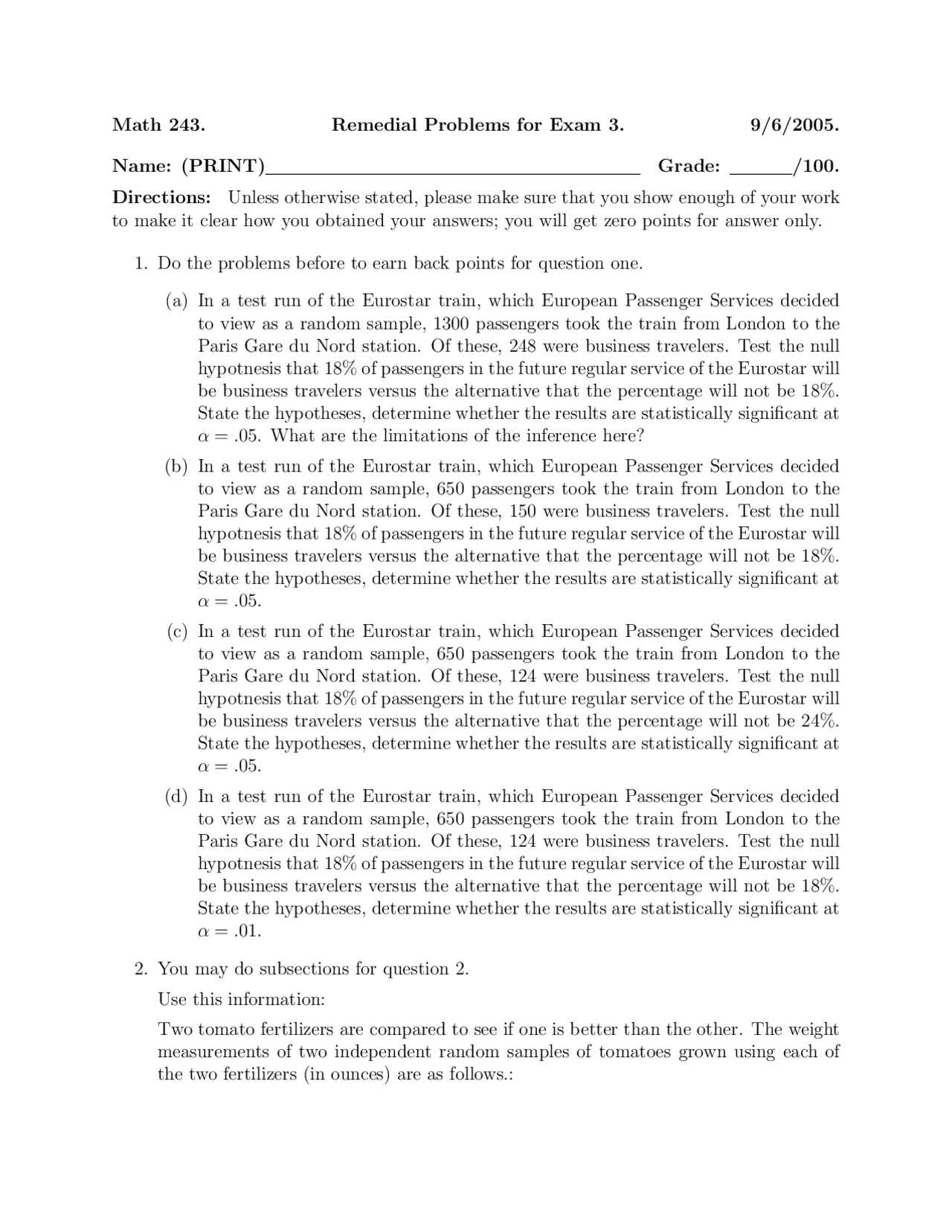 Remedial Math Problems Remedial Problems for Exam 3 - Methods of Probability and Statistics ...