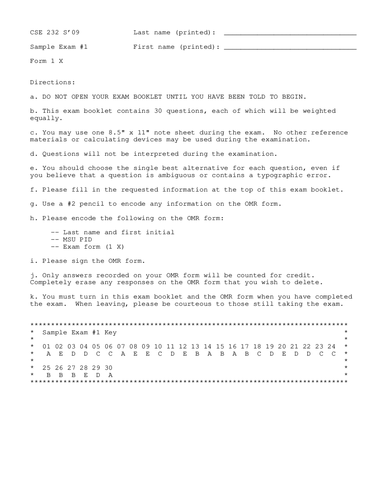 Sample Exam I - Introduction to Programming II | CSE 232 - Docsity