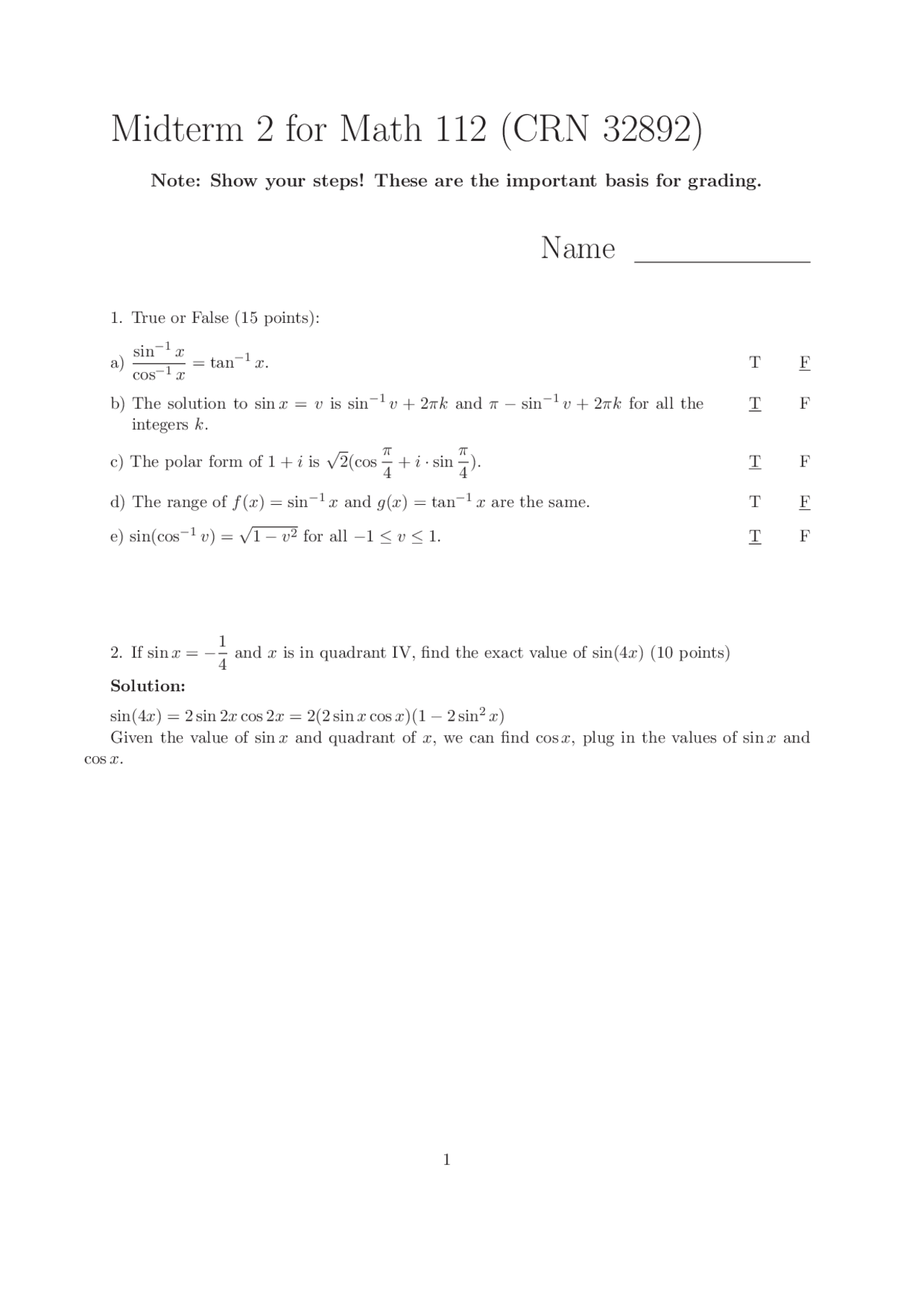 9 Solved Problems on Elementary Functions - Midterm Exam 2 | MATH 112 ...