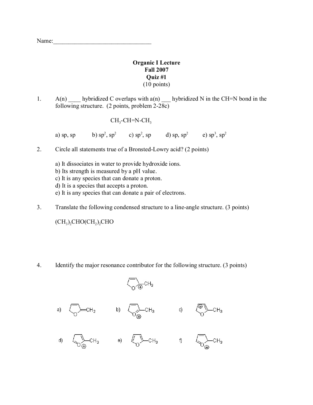 Hybridization, Bronsted Lowry Acid Quiz 1 CHEM 2310 Docsity