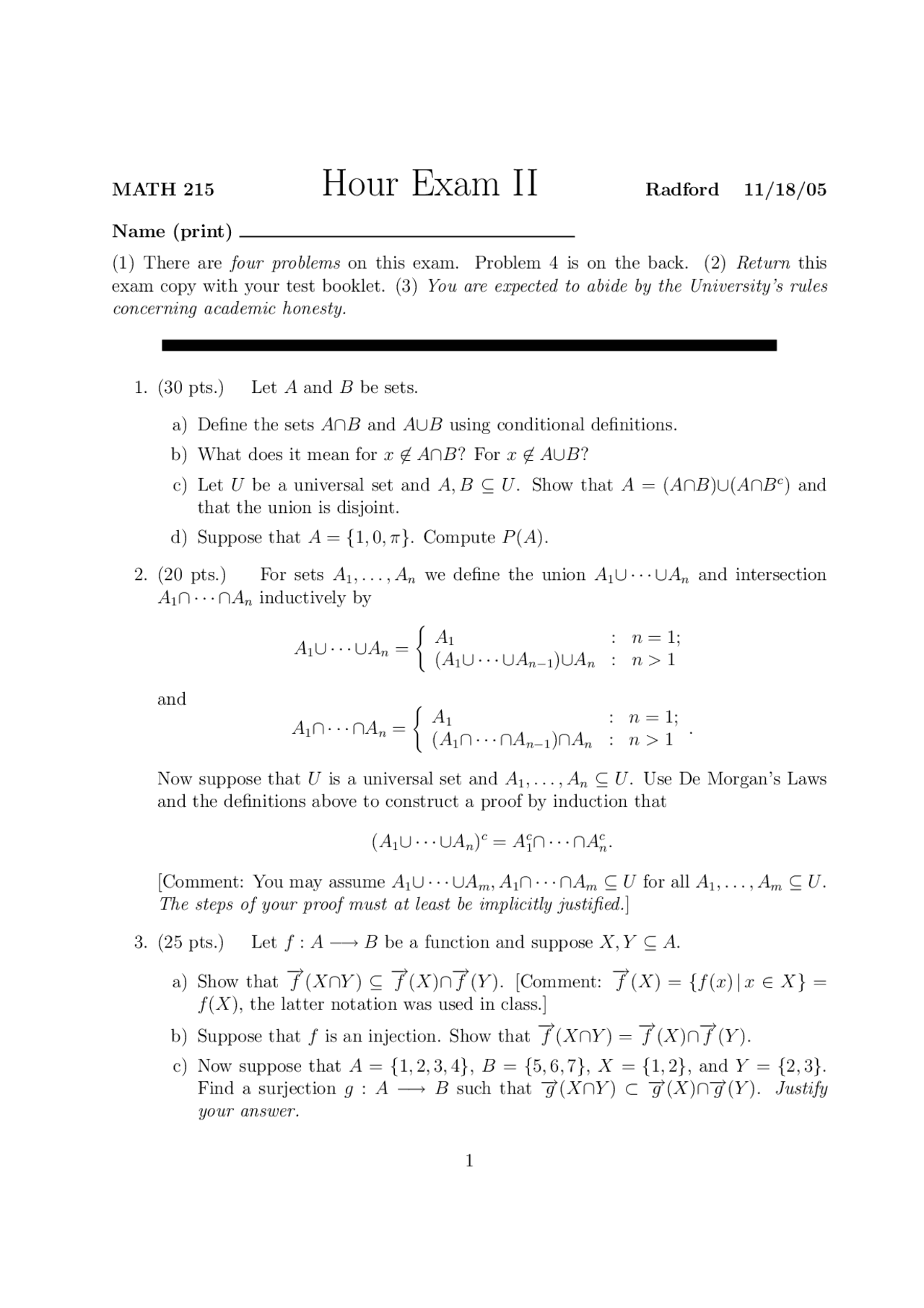 Introduction to Advanced Mathematics - Exam 2 - Fall 2005 | MATH 215 ...