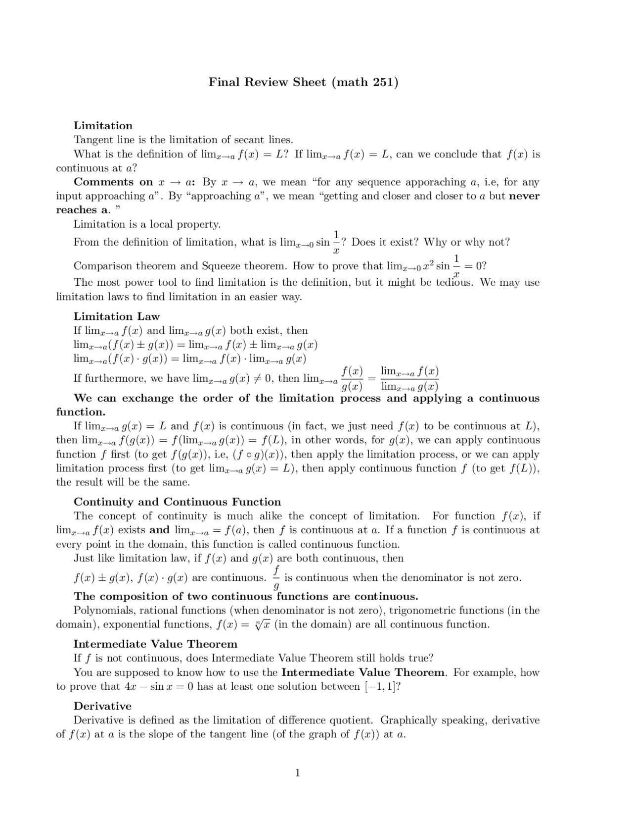 Problems on Calculus I to IV - Review Sheet for Final Examination ...