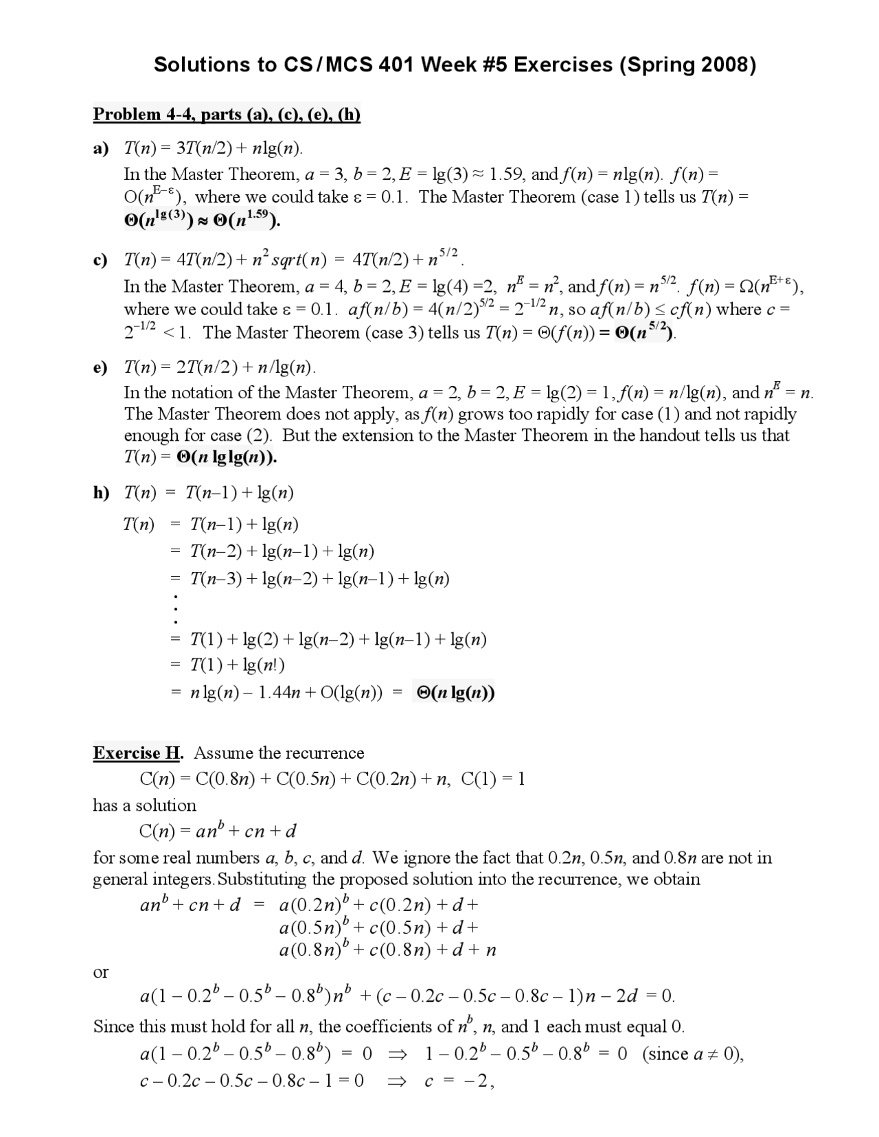 Computer Algorithms I - Sample Exercises with Answers | MCS 401 - Docsity