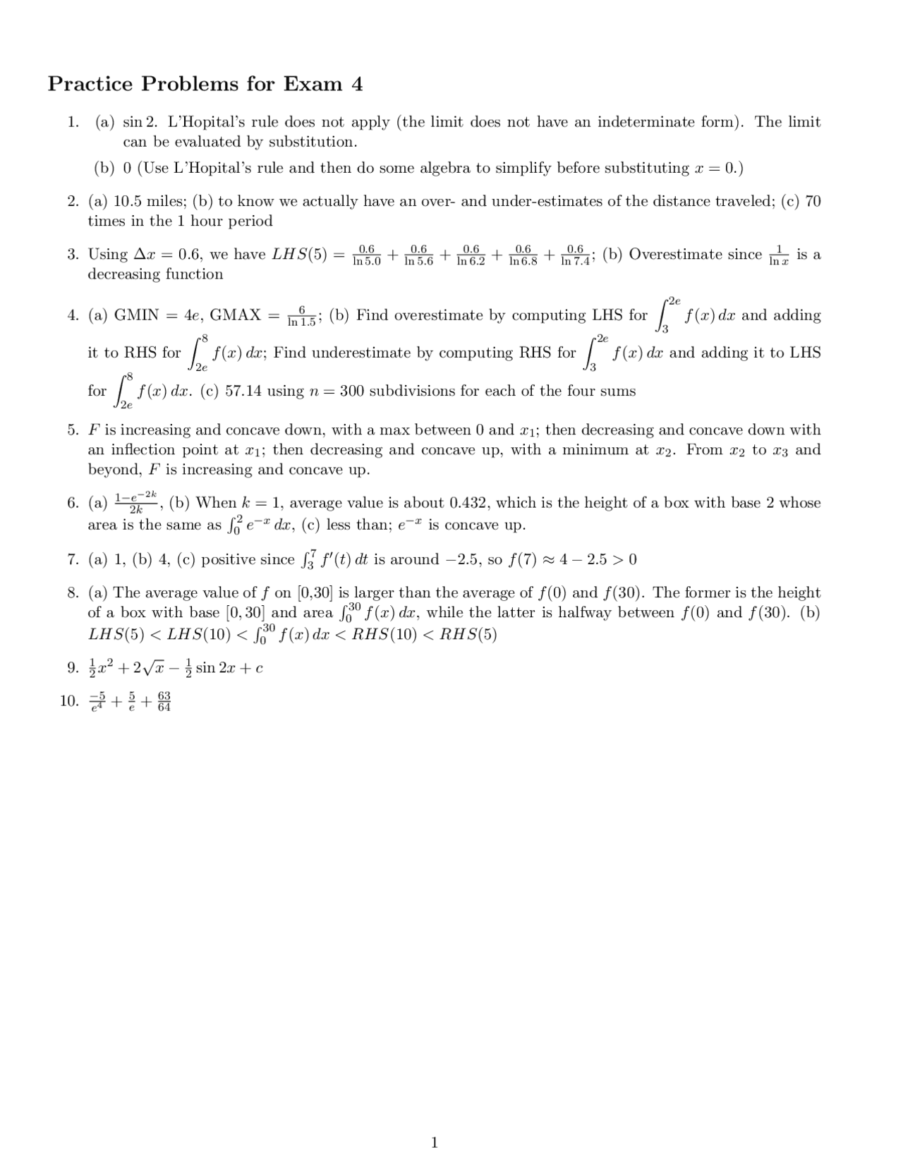 Calculus-Analytic Geometry 1 - Practice Problems for Exam 4 | MAC 2311 ...