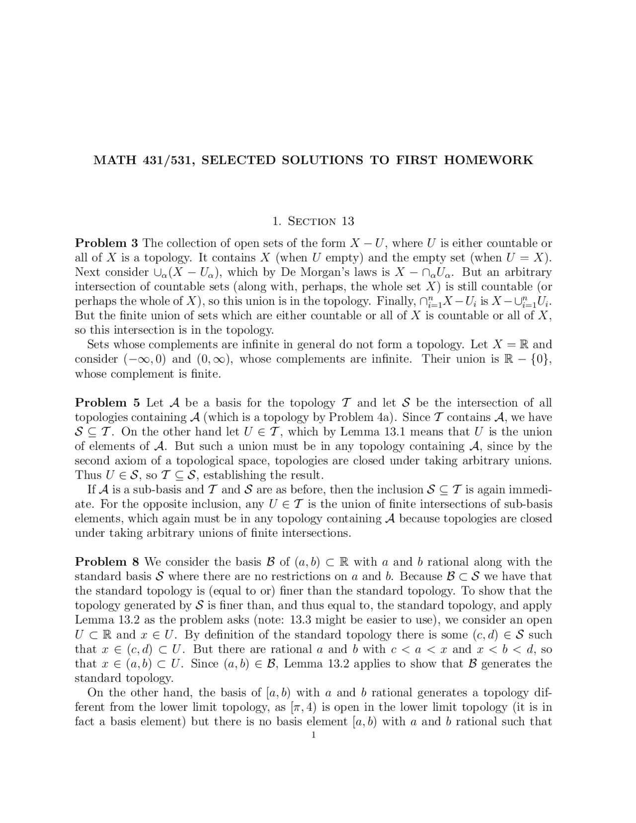 Topology Math Homework Solutions for First Homework - Introduction to Topology | MATH 431 ...