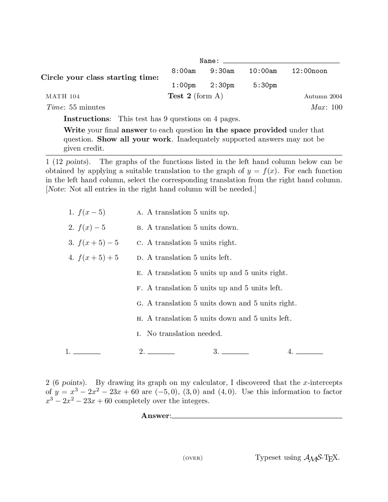 Practice Test 2 Form A - Basic College Mathematics | MATH 104 | Exams ...