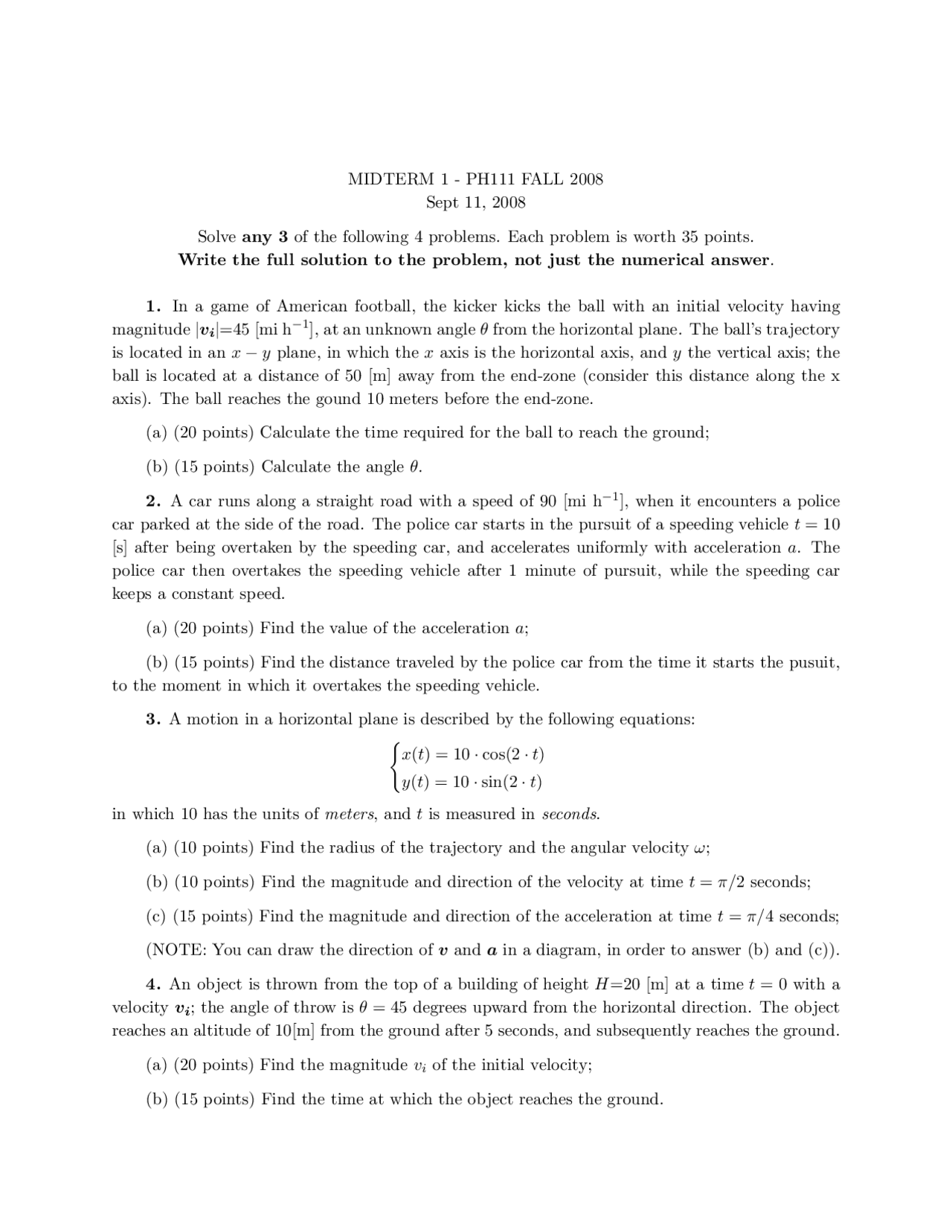 Practice Midterm Exam 1 - General Physics with Calculus 1 | PH 111 ...