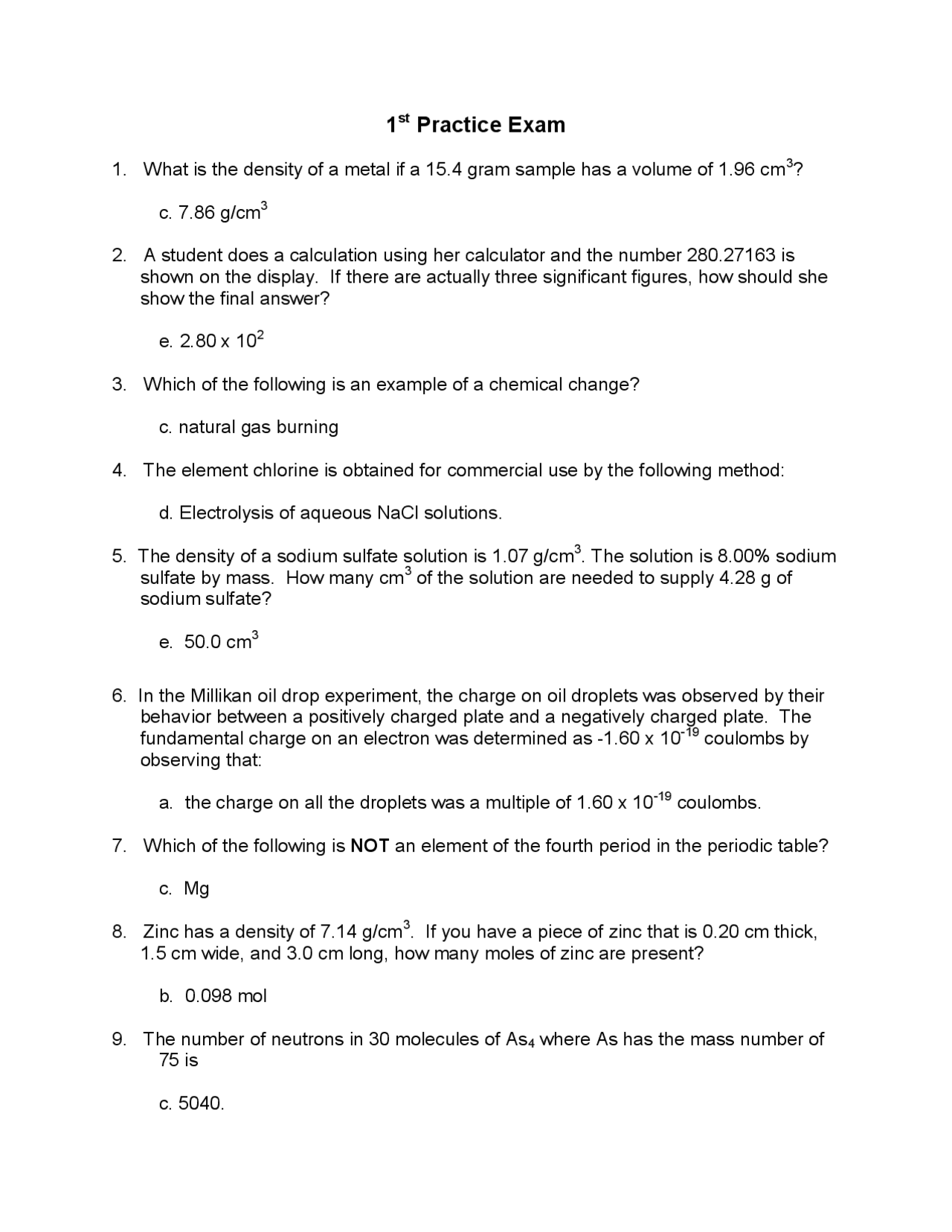 Practice Exam 1 with Answers - General Chemistry I | CH 121 - Docsity