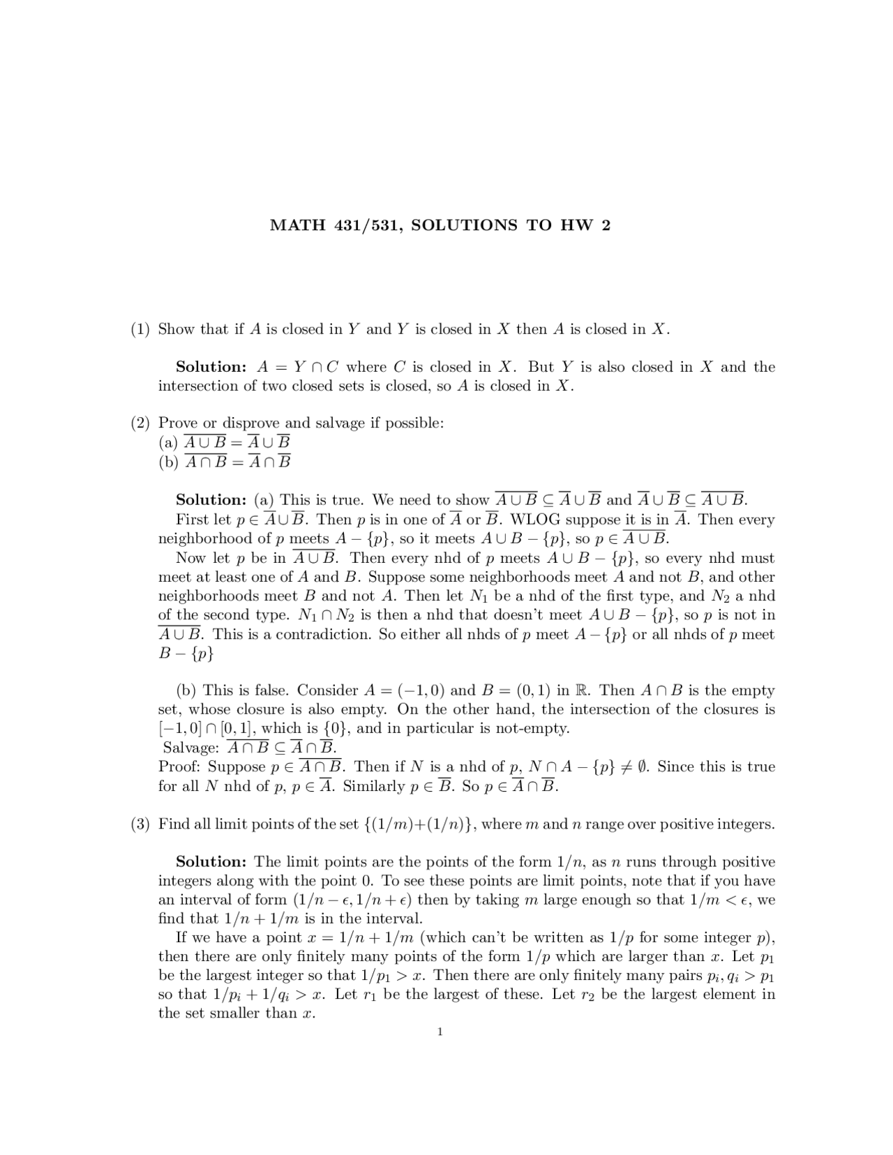 Topology Math Homework Solutions for Homework 2 - Introduction to Topology | MATH 431 - Docsity