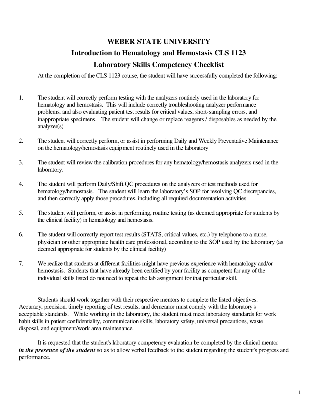 Laboratory Skills Competency Checklist - Hematology and Hemostasis ...