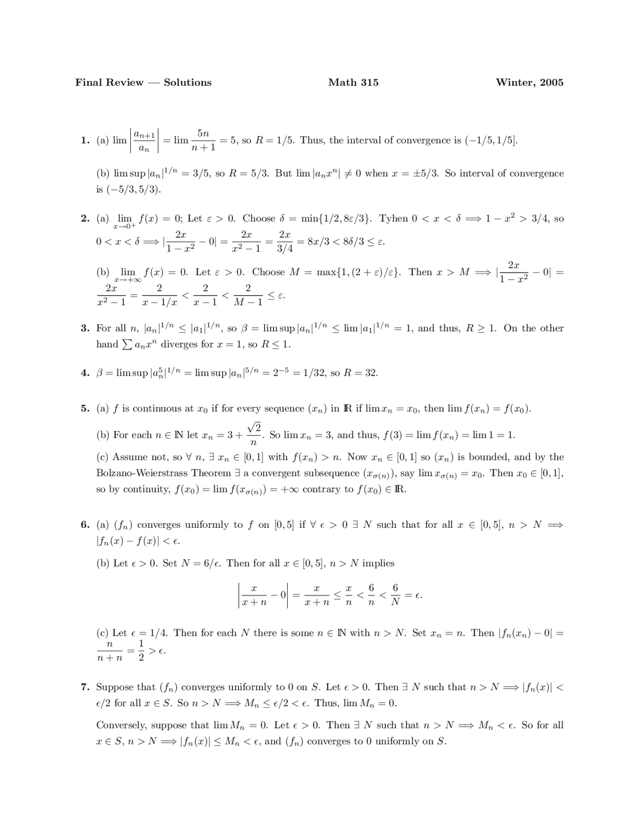 Elementary Analysis - Final Review with Solutions | MATH 315 - Docsity