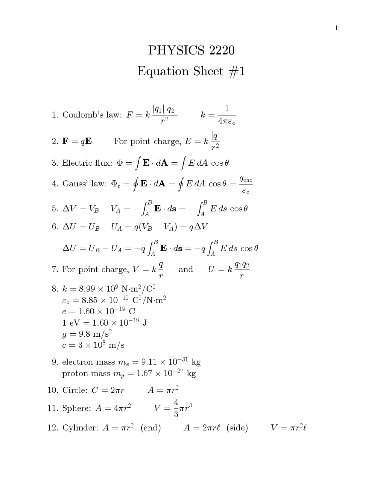 Equation Sheet #1 - Physics for Scientists and Engineers II | PHYS 2220 ...
