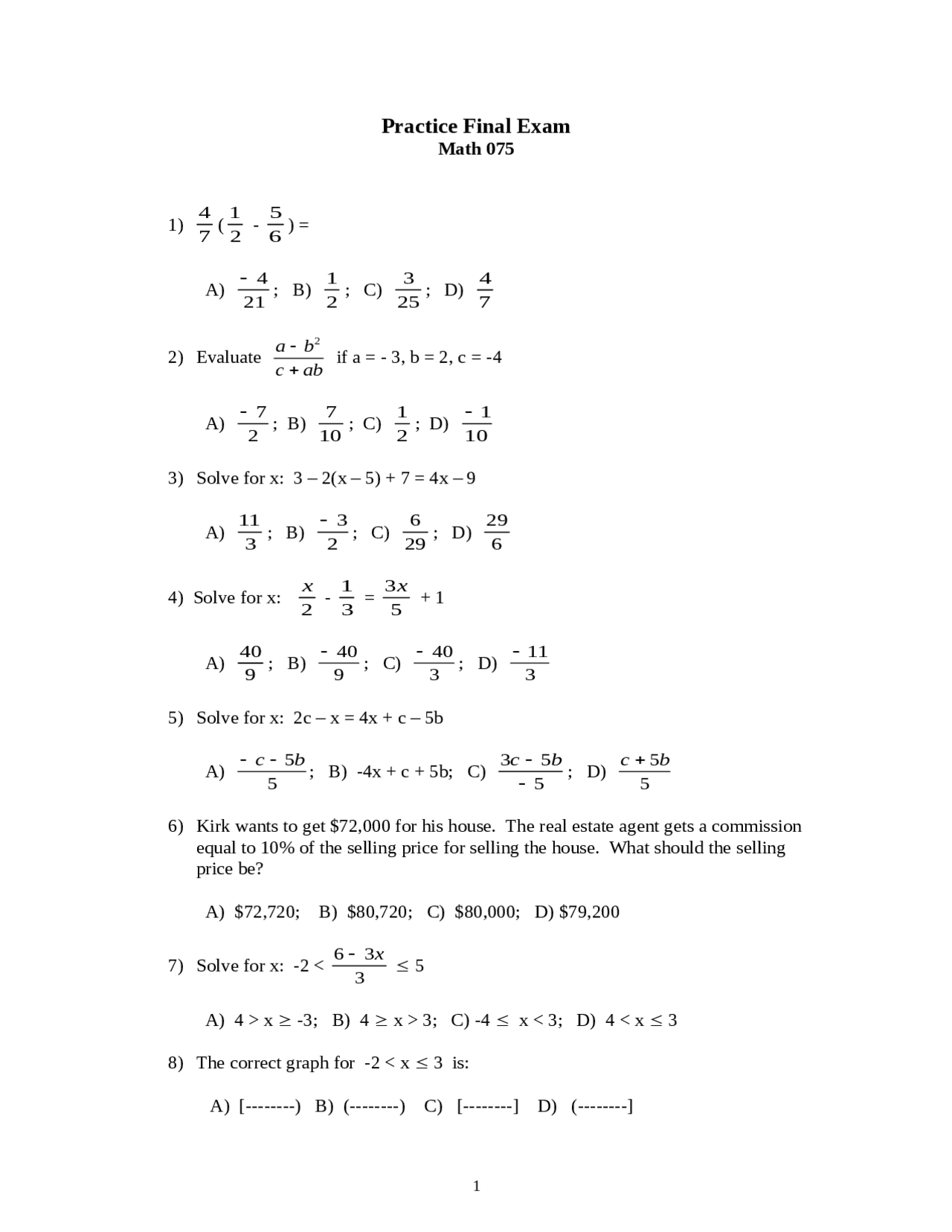 Practice Final Exam with Answers - Beginning Algebra | MATH 075 - Docsity