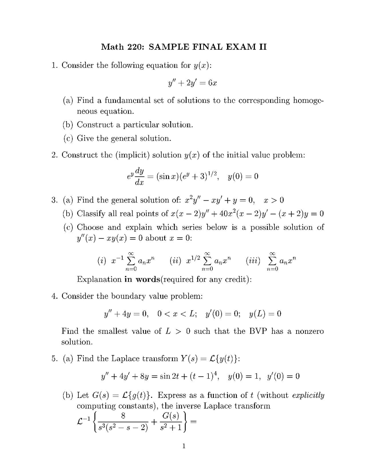 Sample Final Exam II - Introduction to Differential Equations | MATH ...