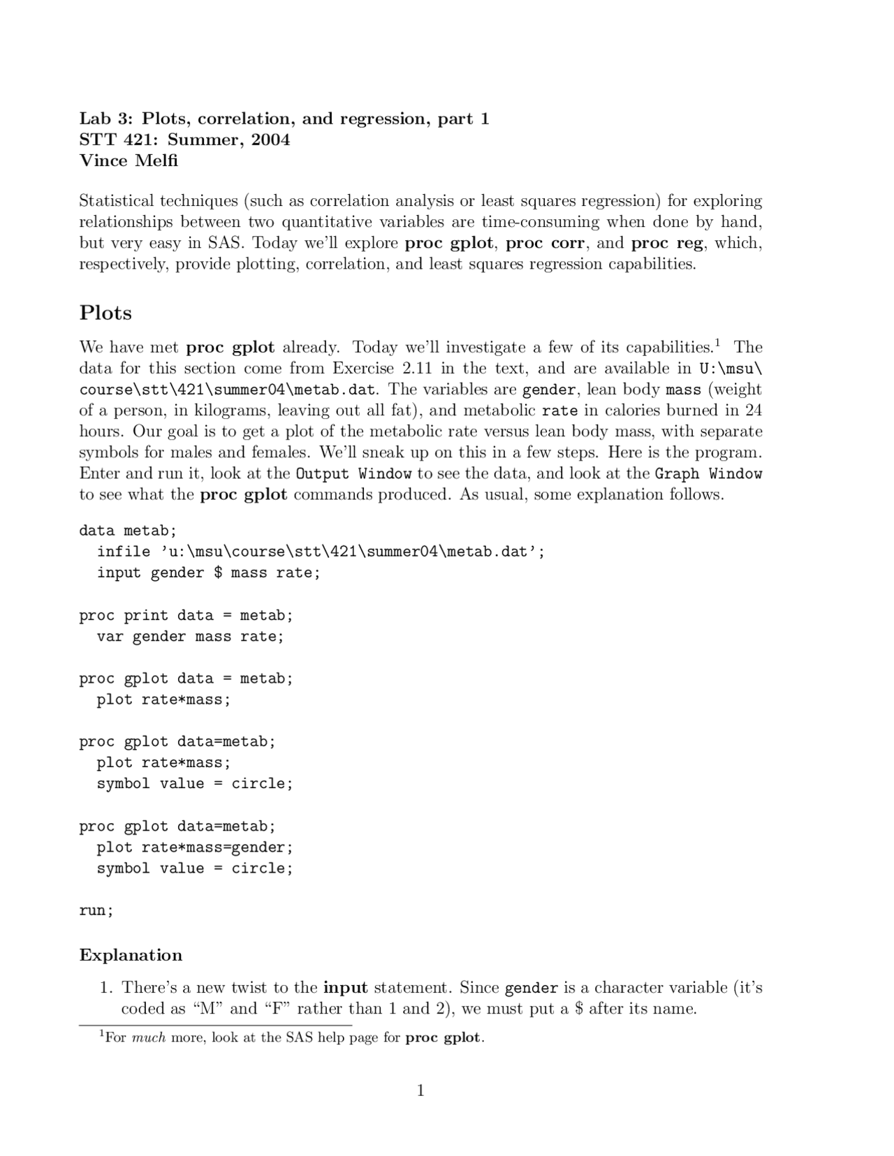 Lab 3: Plots, Correlation and Regression - Fall 2004 | STT 421 - Docsity