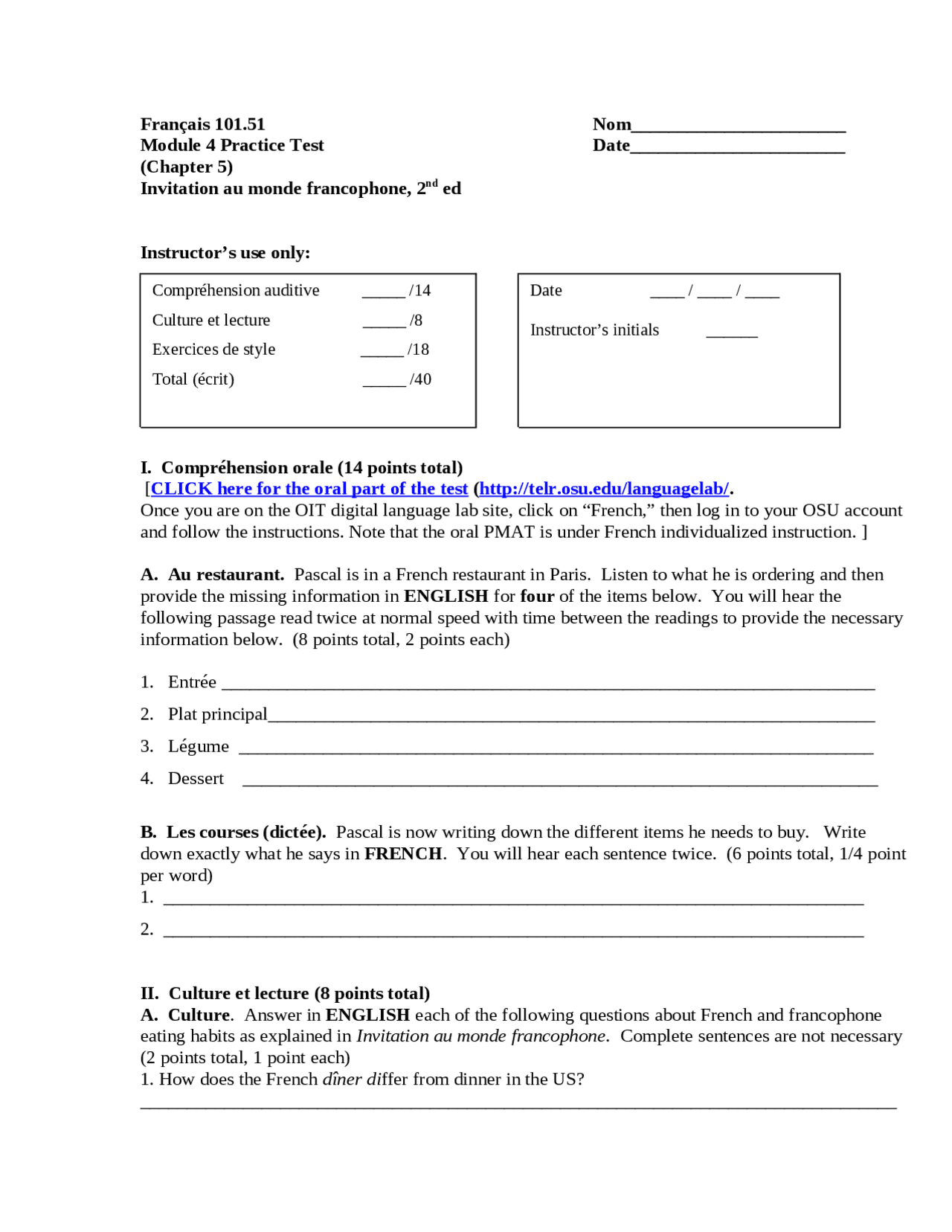 Module 4 Practice Test for Classroom Track | FRENCH 101 - Docsity