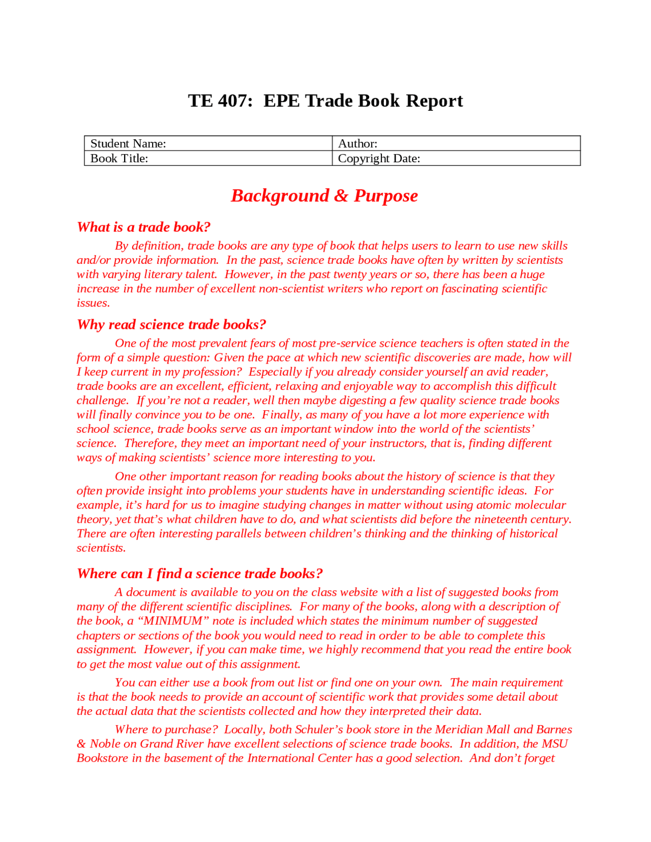 What is Trade Book: Background and Purpose | TE 407 - Docsity