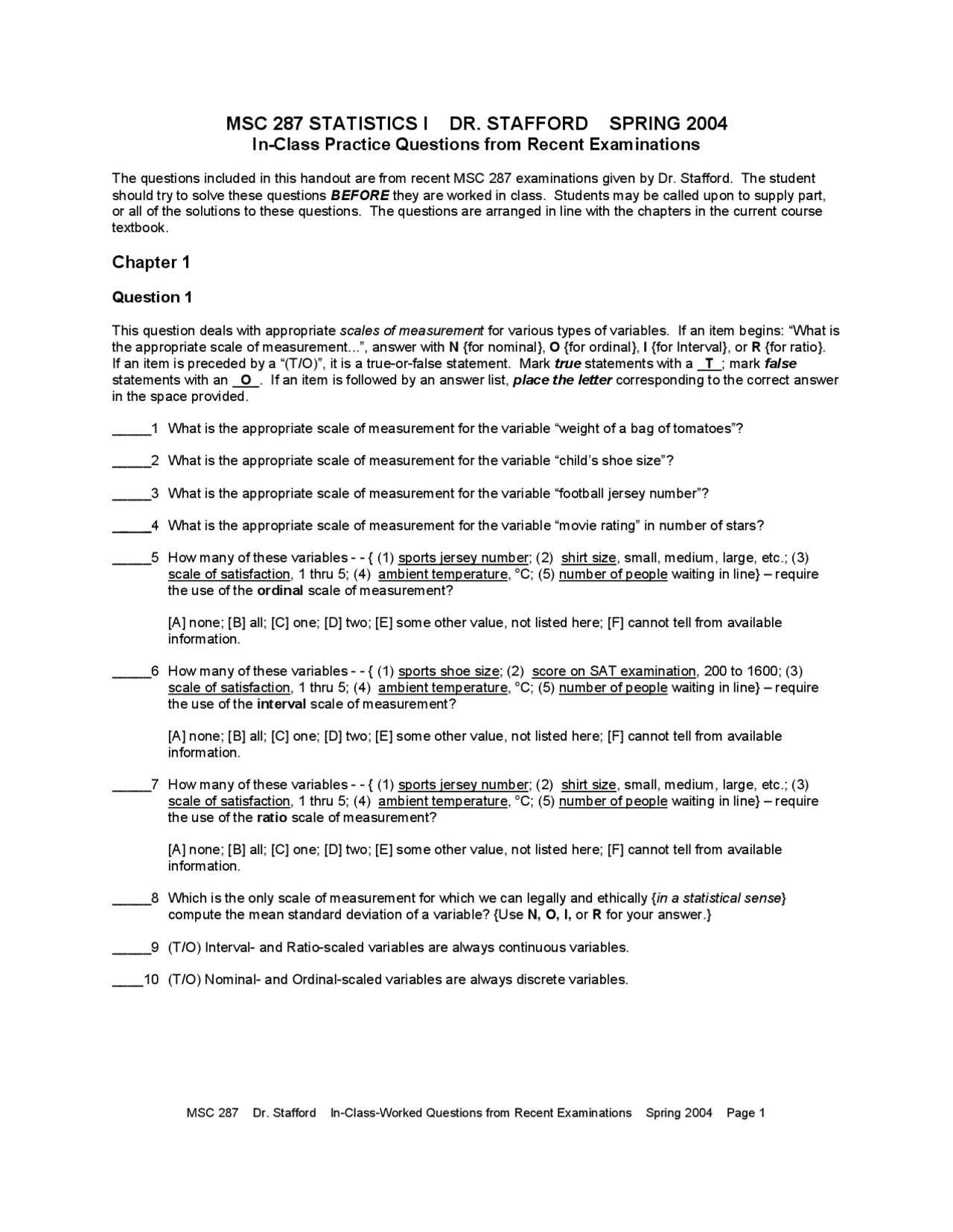 Practice Questions For Exam Business Statistics I Section 3 Msc 287 Docsity